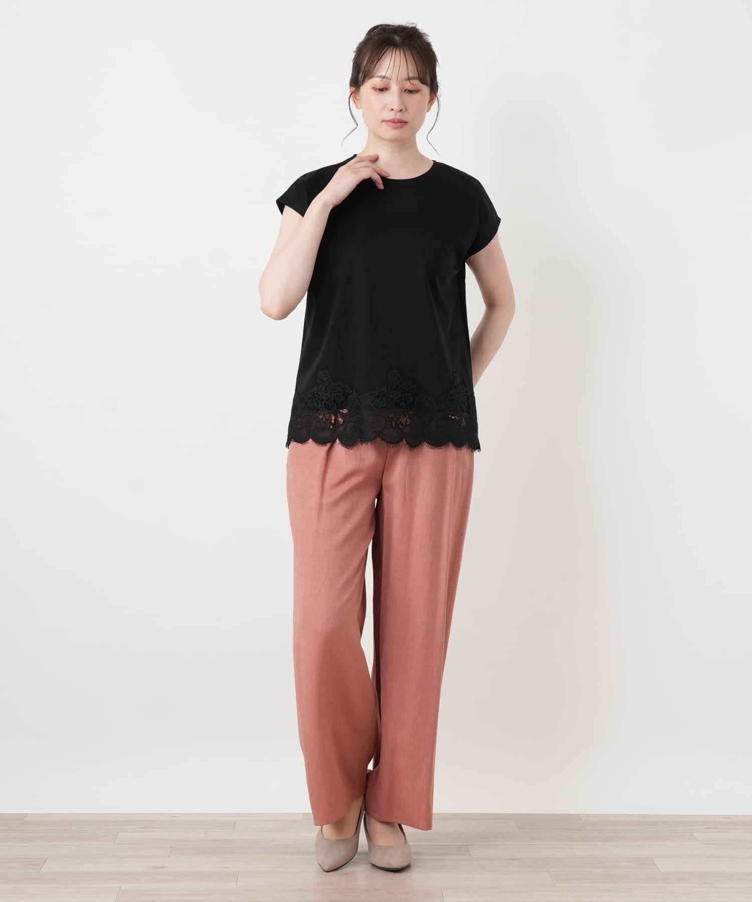 Leilian レースレイヤードフレンチスリーブカットソー レリアン トップス カットソー・Tシャツ ブラック ホワイト【送料無料】