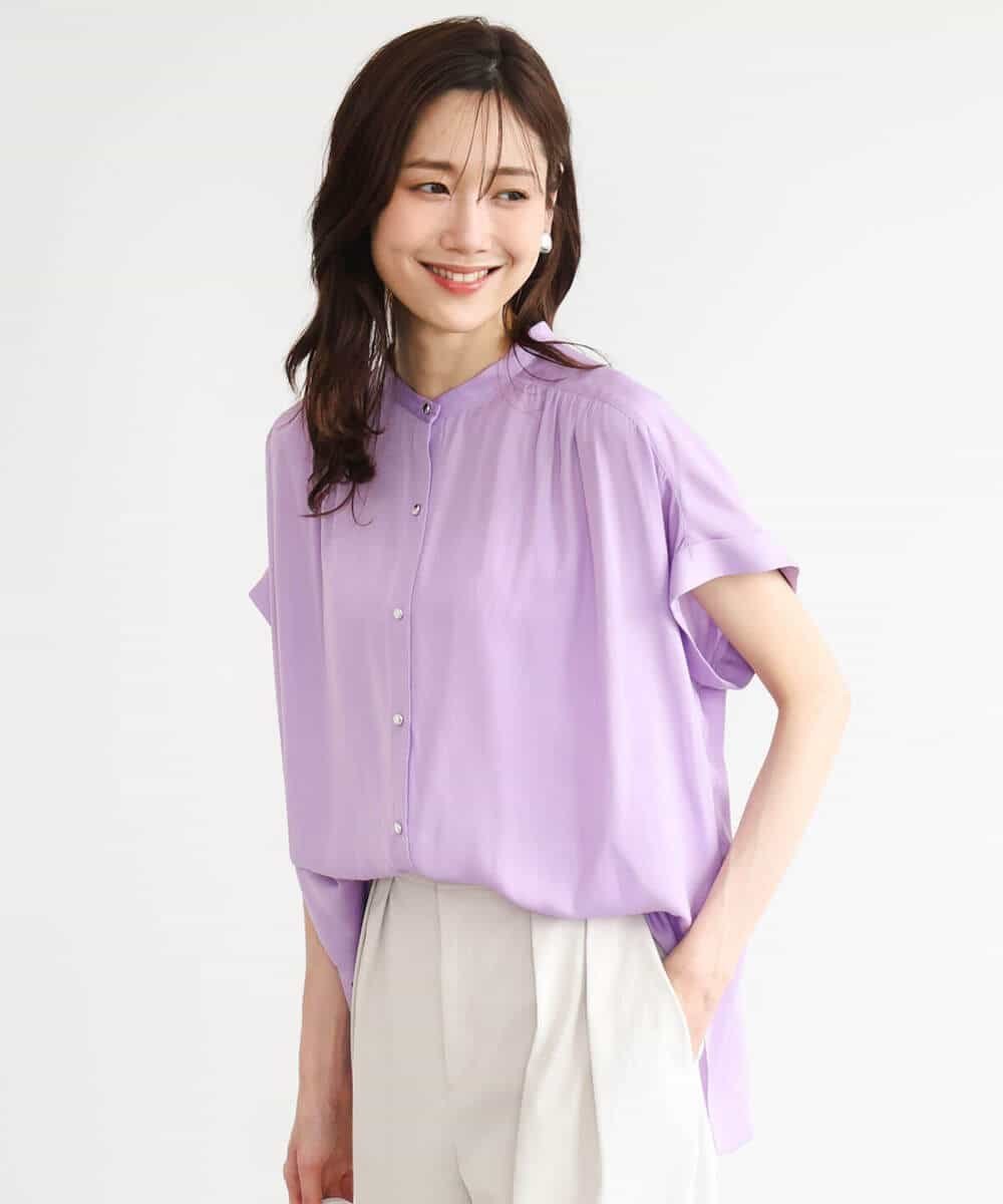 MK MICHEL KLEIN [UVカット/接触冷感/洗える]バンドカラーサテンブラウス エムケーミッシェルクラン トップス シャツ・ブラウス パープル