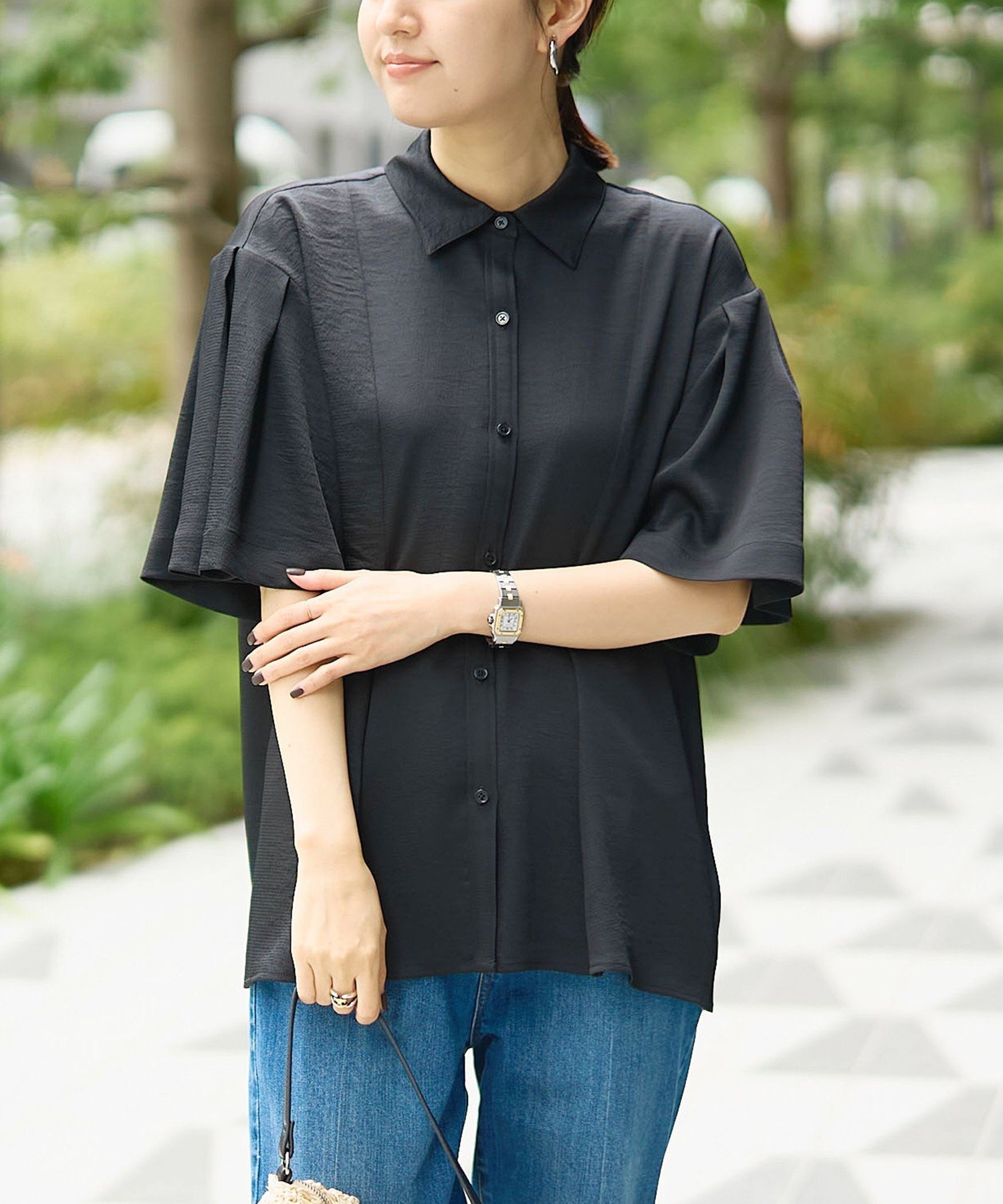 RONEL 【RONEL】ワッシャーカルゼ ハーフスリーブブラウス コーエン トップス シャツ・ブラウス ブラック ホワイト