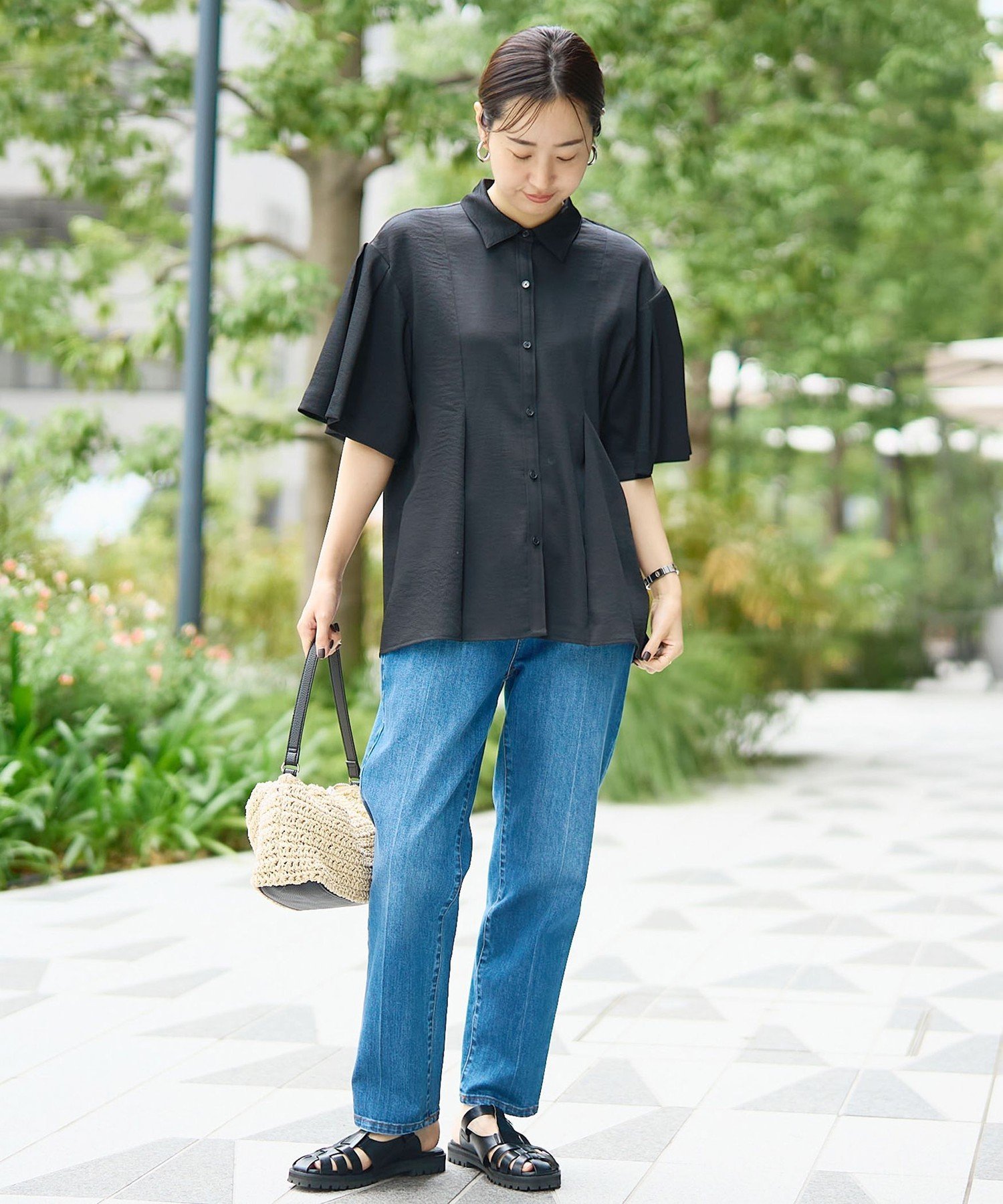 RONEL 【RONEL】ワッシャーカルゼ ハーフスリーブブラウス コーエン トップス シャツ・ブラウス ブラック ホワイト