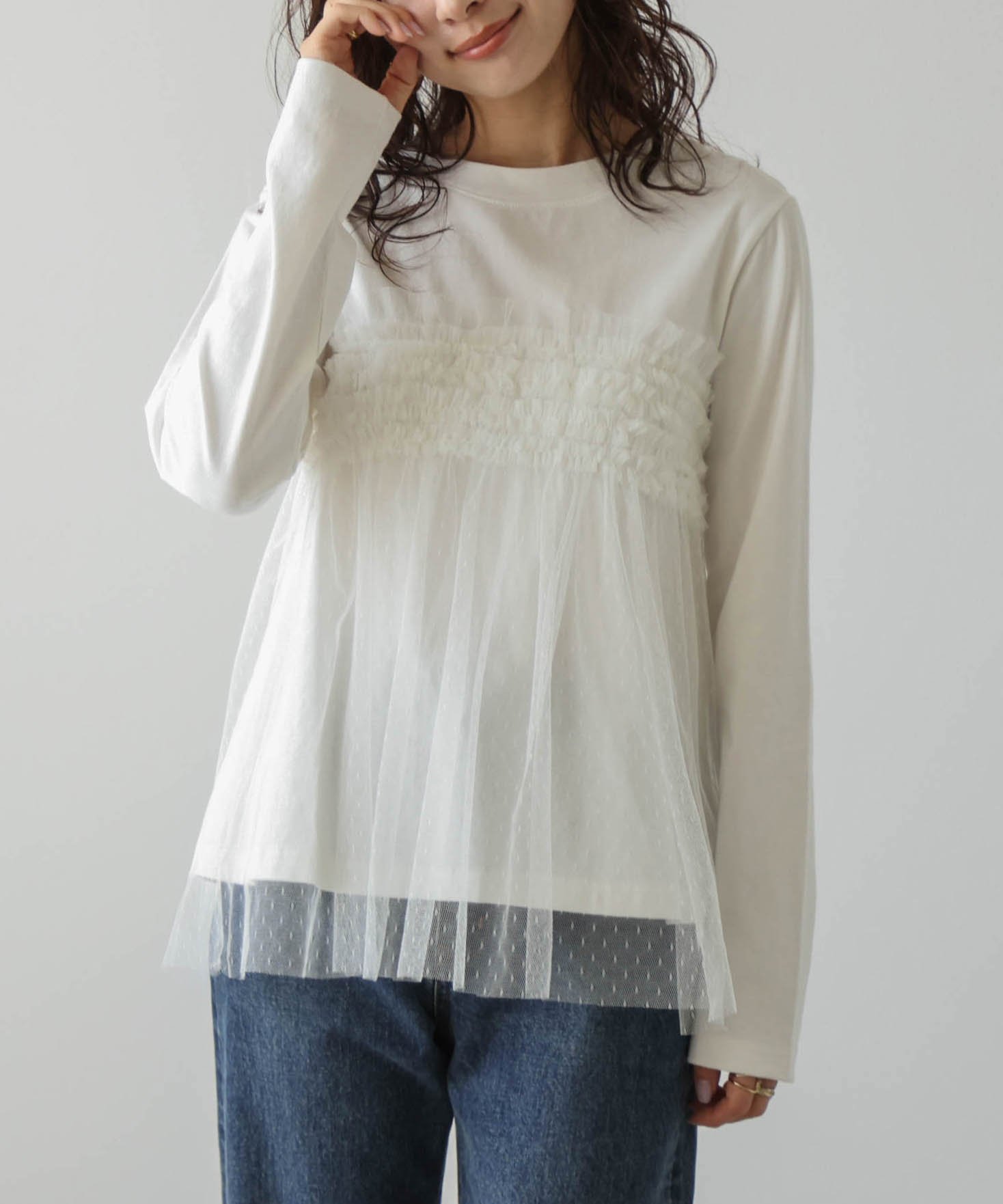 La-gemme ドットチュールドッキングトップス ラジュール トップス カットソー・Tシャツ ブラック ホワイト