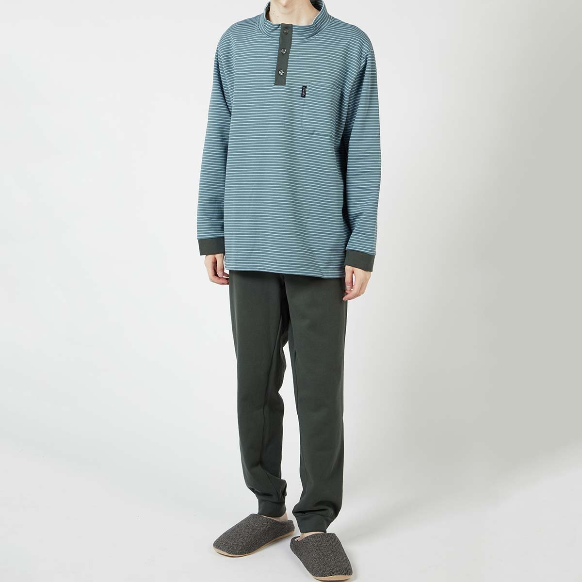 LANVIN COLLECTION 綿100% 裏毛起毛 ボーダー 長袖 カットソー 上下セット パジャマ ナイガイ インナー・ルームウェア パジャマ ネイビー