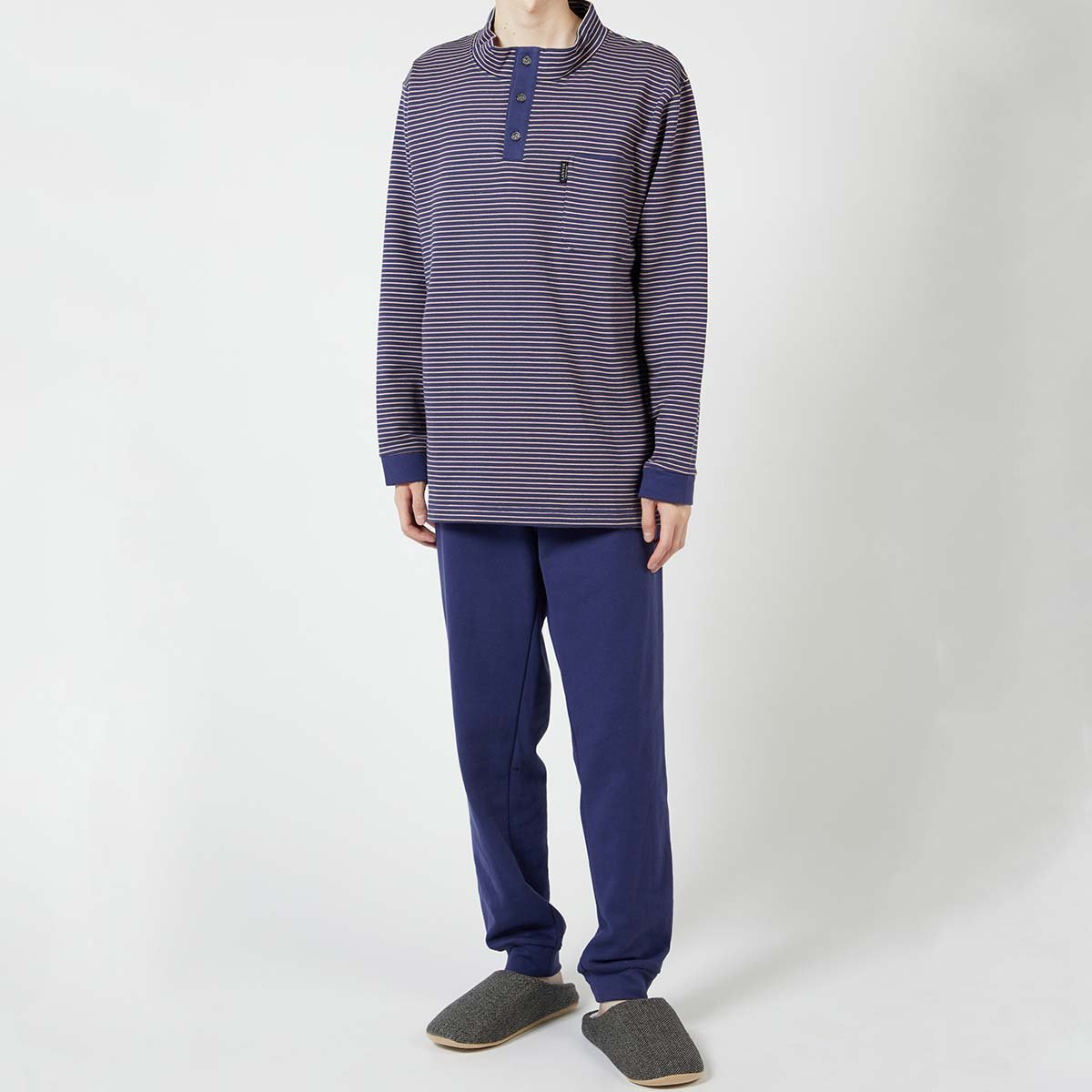 LANVIN COLLECTION LANVIN COLLECTION 綿100% 裏毛起毛 ボーダー 長袖 カットソー 上下セット パジャマ ナイガイ インナー・ルームウェア パジャマ ネイビー【送料無料】