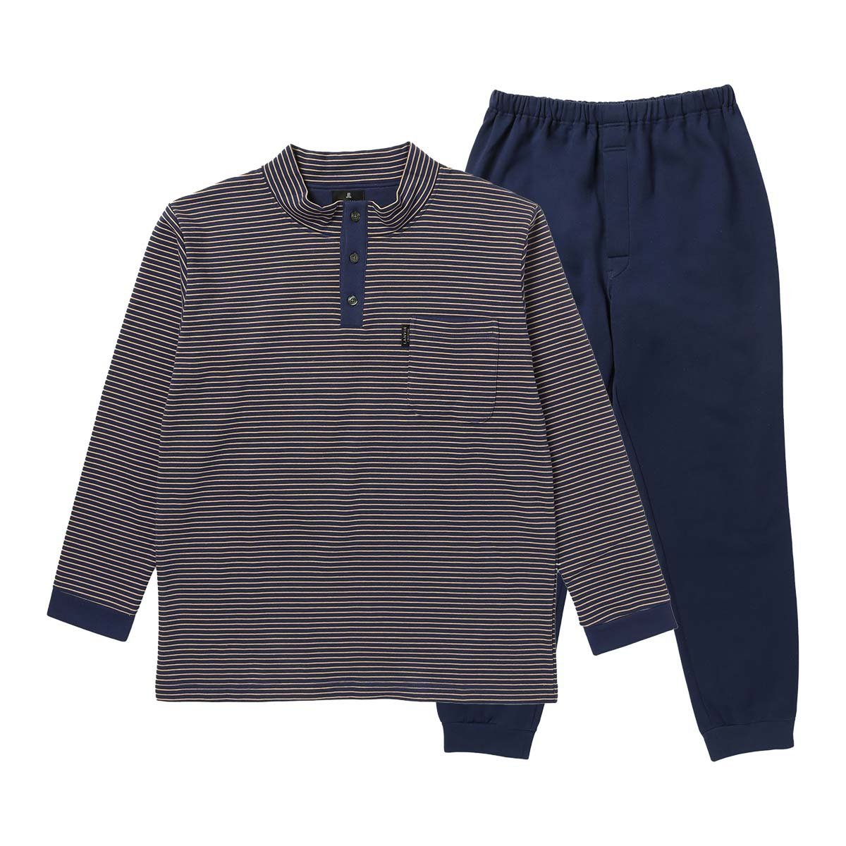 LANVIN COLLECTION 綿100% 裏毛起毛 ボーダー 長袖 カットソー 上下セット パジャマ ナイガイ インナー・ルームウェア パジャマ ネイビー