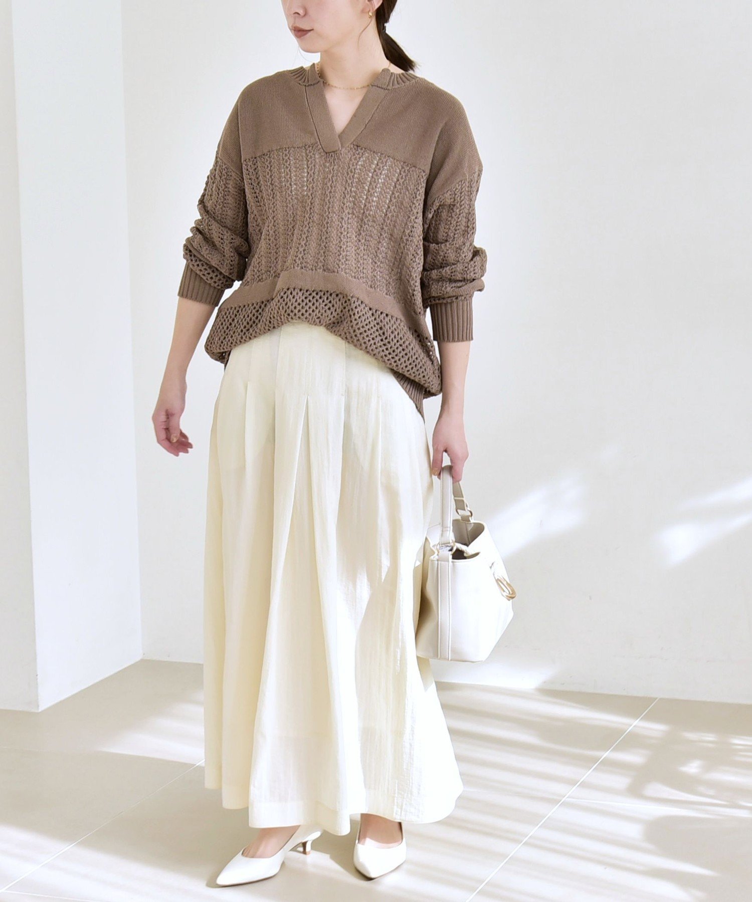 quaranciel quaranciel:＜手洗い可能＞透かし編み スキッパー ニット プルオーバー シップス トップス ニット ブラウン ホワイト