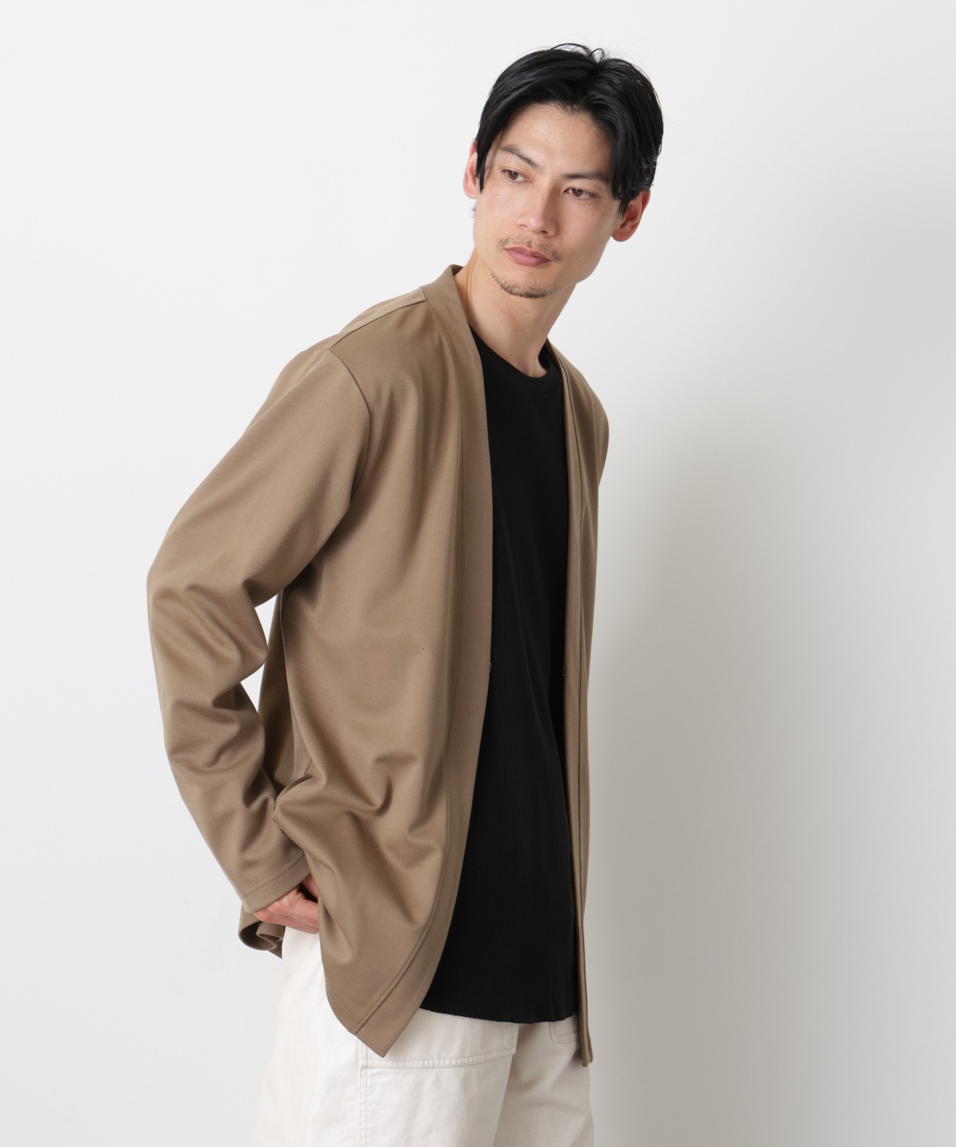 NANO universe 「モダンコンフォート」ダブルジャージー着流しカーディガン ナノユニバース トップス カットソー・Tシャツ ベージュ ブラック