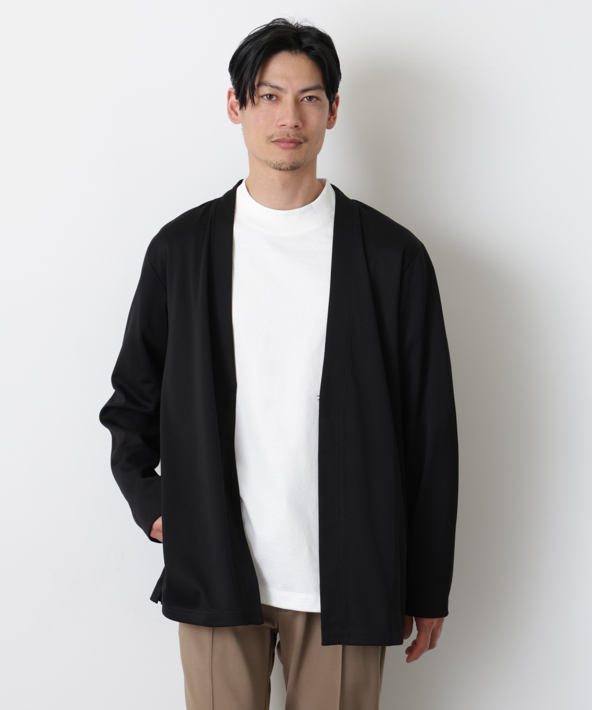 NANO universe 「モダンコンフォート」ダブルジャージー着流しカーディガン ナノユニバース トップス カットソー・Tシャツ ベージュ ブラック