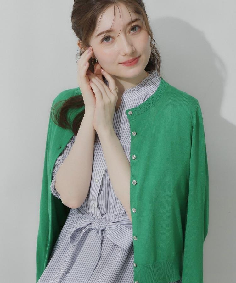 【SALE／4%OFF】Couture Brooch 【アンサンブル可・UVカット・アンチピリング】ポイント透かしビジュー釦カーディガン クチュールブローチ トップス カーディガン グリーン ホワイト ピンク ブラック【送料無料】