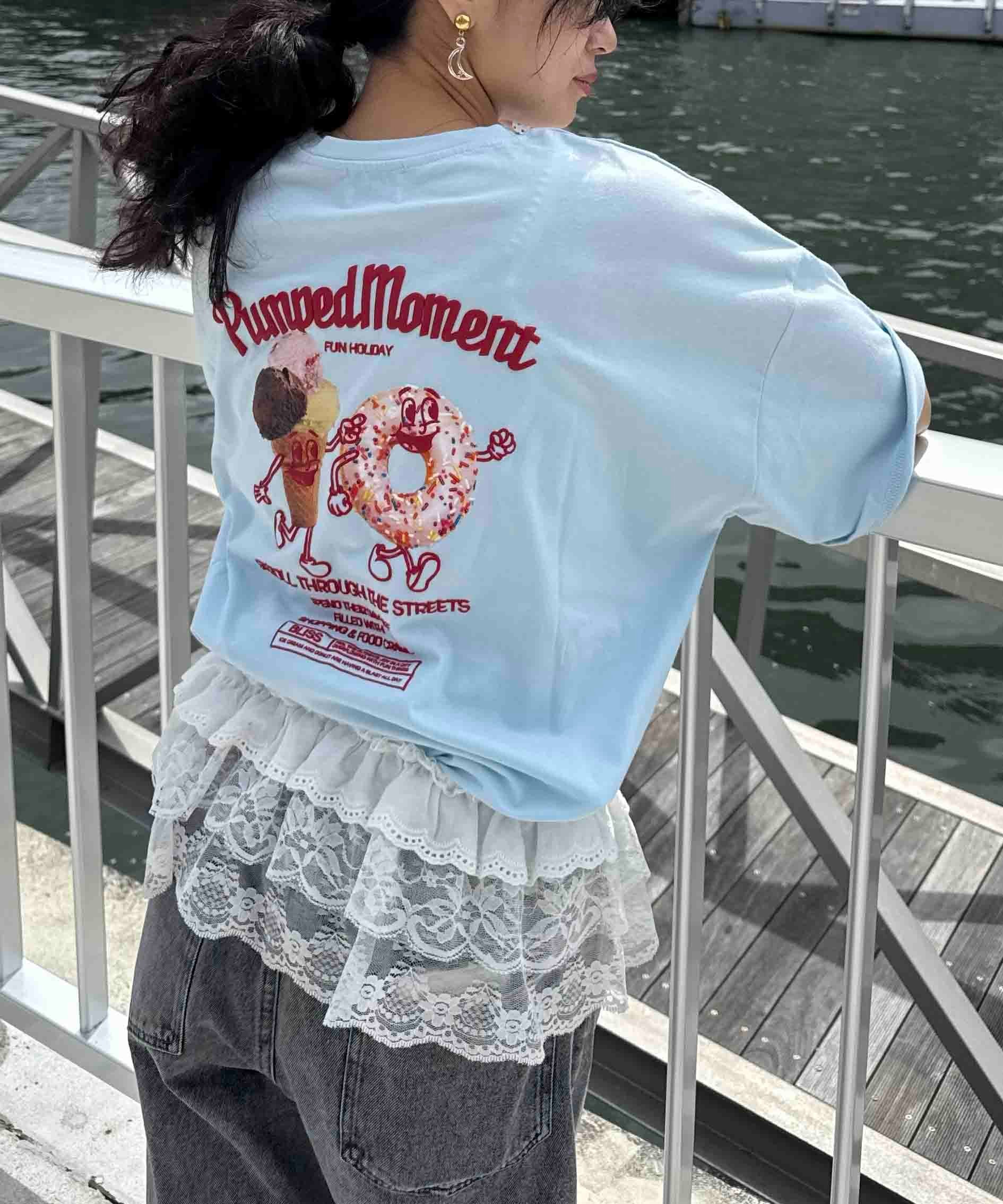 ◎『ゆったりサイズ/体型カバー』おやつフォト半袖Tシャツ アズノゥアズプラス トップス カットソー・Tシャツ ブルー ベージュ ブラック