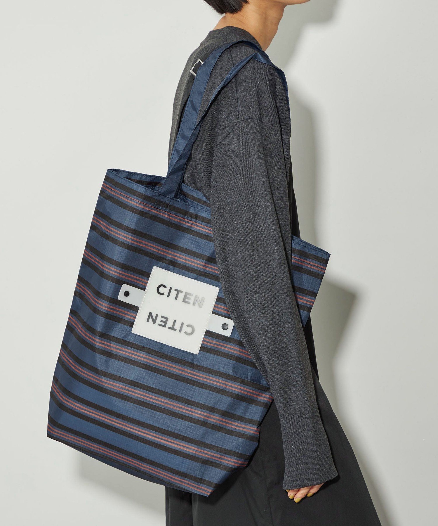 CITEN ＜CITEN＞くるくるパッチンボーダー シテン バッグ エコバッグ・サブバッグ ネイビー ピンクのサムネイル