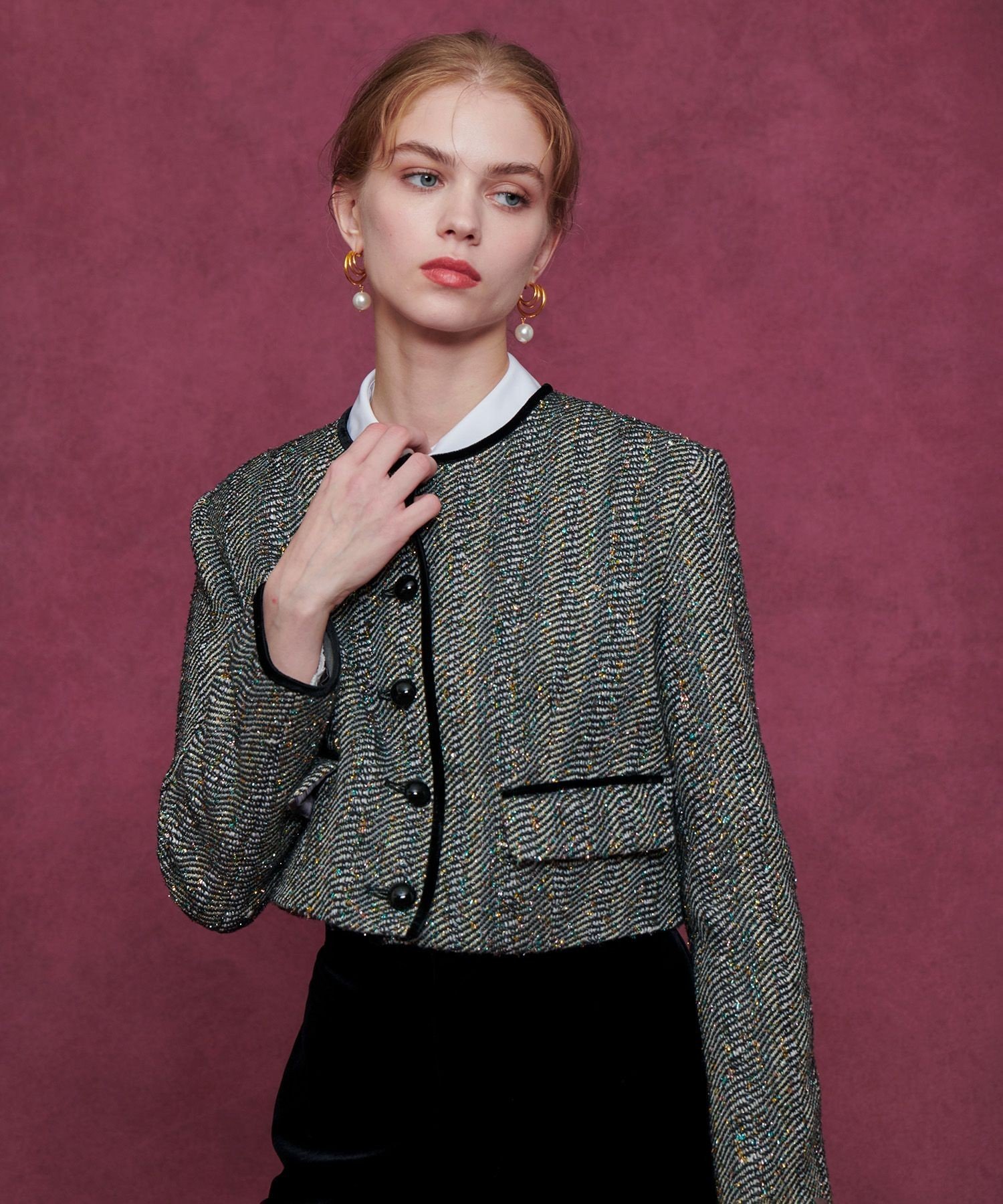 LOULOU WILLOUGHBY 【LOULOU WILLOUGHBY】LINTONラメツイードショートジャケット アルアバイル ジャケット・アウター ノーカラージャケット グレー