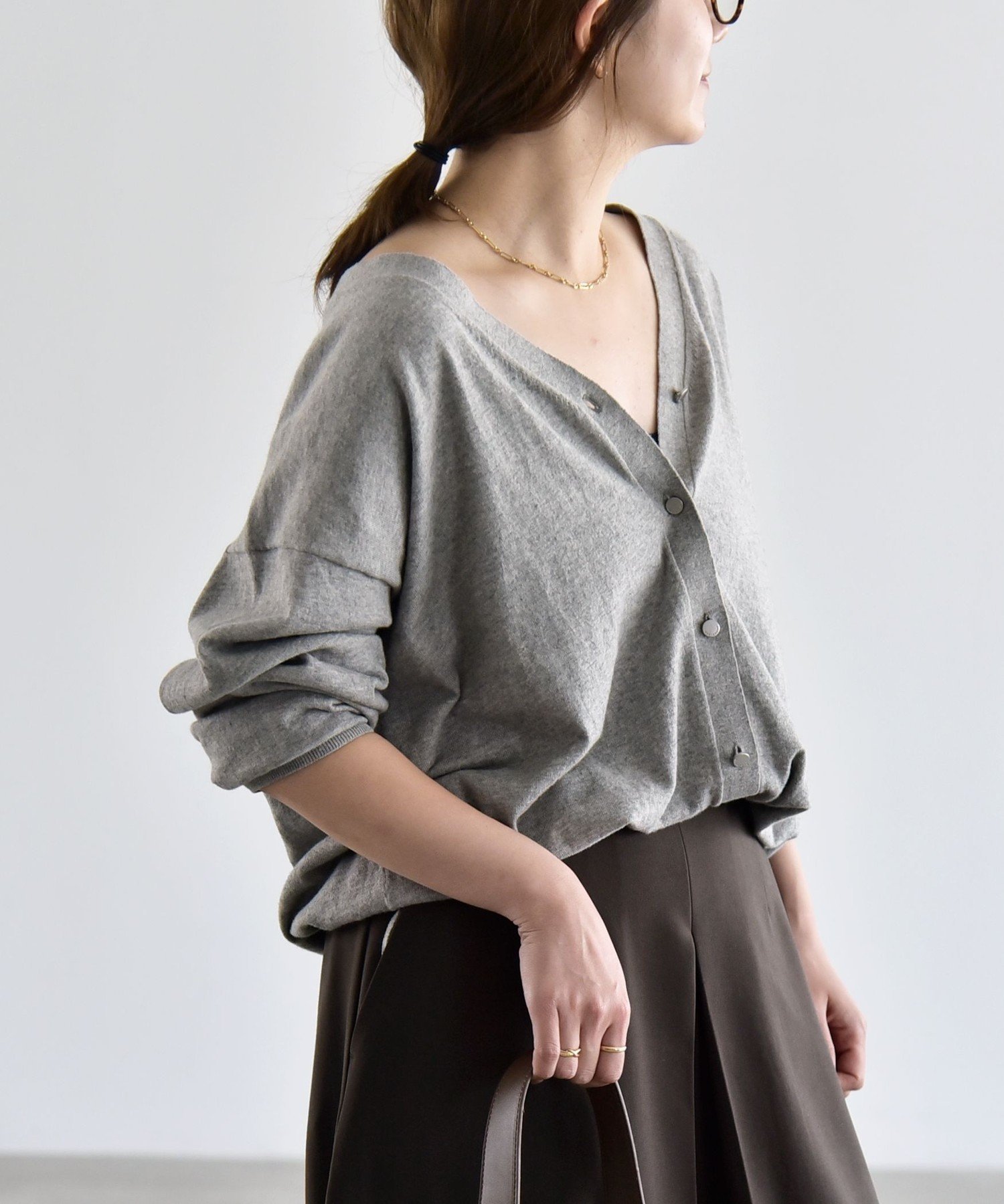 quaranciel 《予約》quaranciel:＜手洗い可能＞カシミヤ ミックス Vネック ドロスト カーディガン シップス トップス カーディガン ブラウン【送料無料】