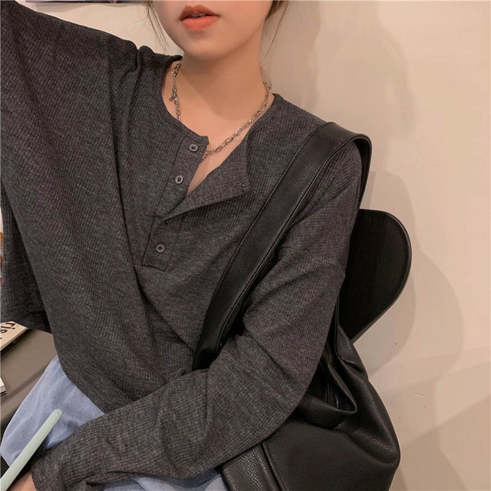 maison de LATIR 半袖/長袖展開 レイヤードヘンリーネック薄手トップス シンプルカットソー メゾンドラティール トップス カットソー・Tシャツ グレー ホワイト ブラック