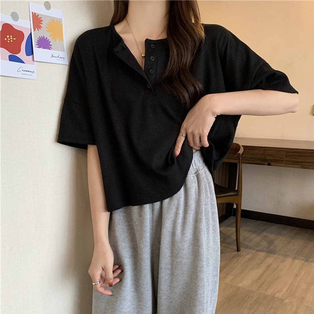 maison de LATIR 半袖/長袖展開 レイヤードヘンリーネック薄手トップス シンプルカットソー メゾンドラティール トップス カットソー・Tシャツ グレー ホワイト ブラック