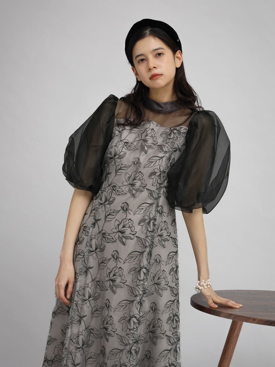 Petirobe バルーンスリーブフラワー刺繍ドレス ラシュッド ワンピース・ドレス ドレス ブラック【送料無料】