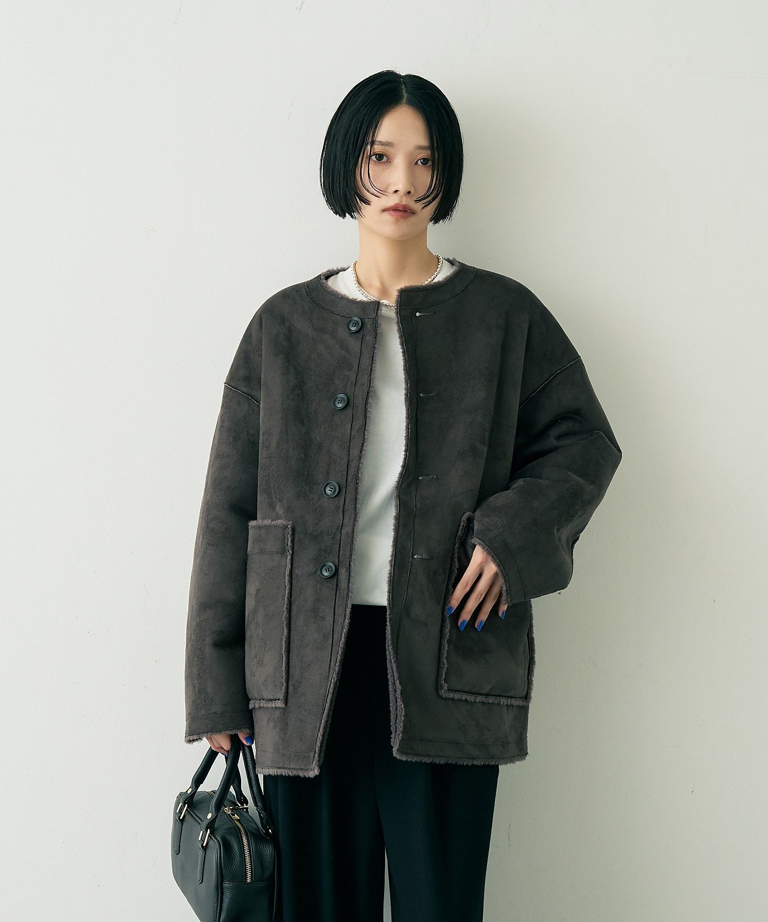Rouge vif la cle 【2サイズ展開】2WAYスウェードリバーシブルボアコート / ノーカラーコート ルージュ・ヴィフ ラクレ ジャケット・アウター その他のジャケット・アウター ブラウン グレー