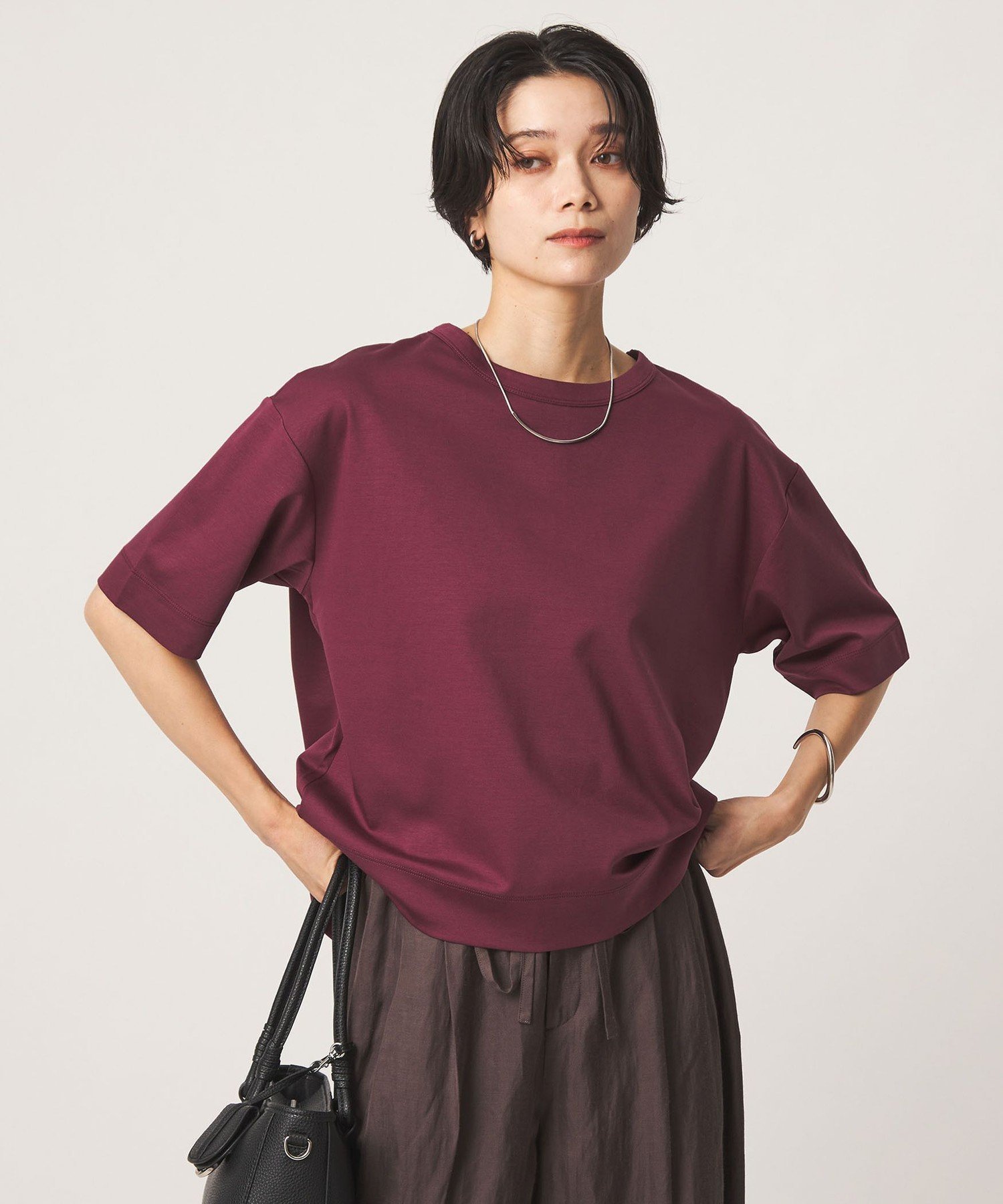 クロップド ポンチ Tシャツ 2 ユナイテッドアローズ グリーンレーベルリラクシング トップス カットソー・Tシャツ ホワイト グレー ブラウン ワインレッド