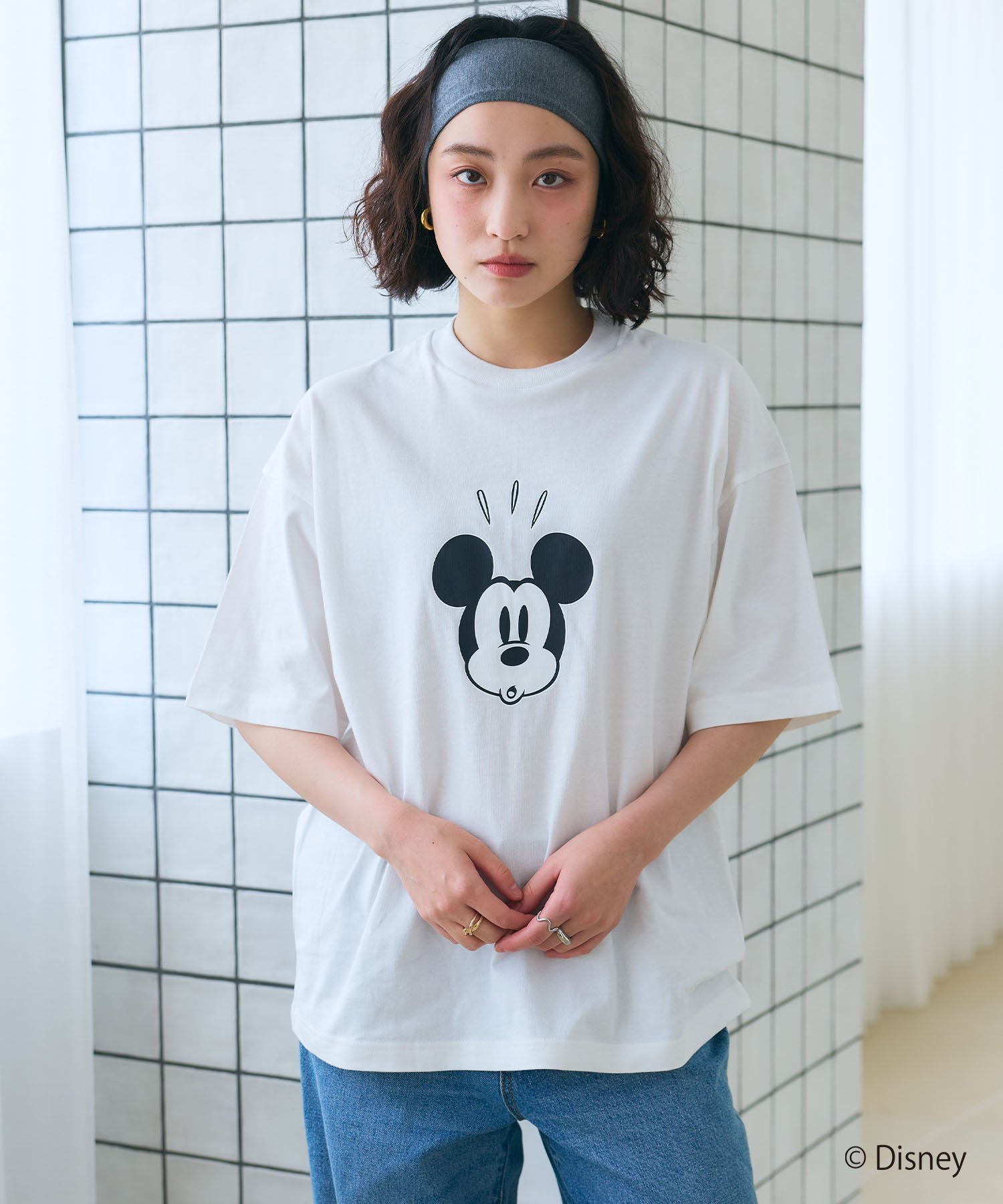 【Disney/ディズニー】Mickey Mouse / ミッキーマウスフェイスプリントTシャツ / Over Harf Sleeve T-shirt《UNIS クロスマルシェ トップス カットソー・Tシャツ ブラック ホワイト