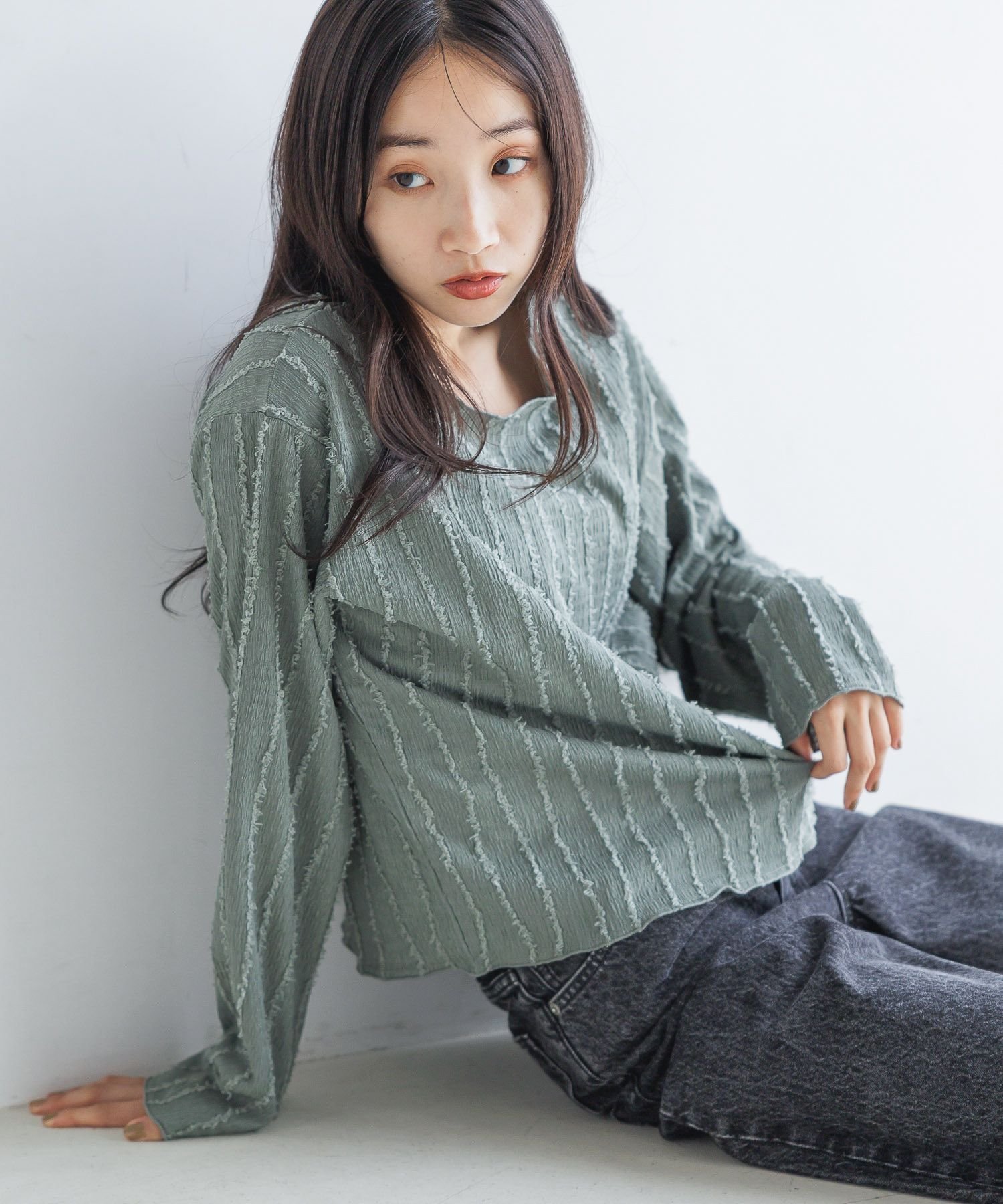 【SALE／17%OFF】LOWRYS FARM ジャガードフリンジLS ローリーズファーム トップス カットソー・Tシャツ グリーン ブラック ブラウン ホワイトのサムネイル