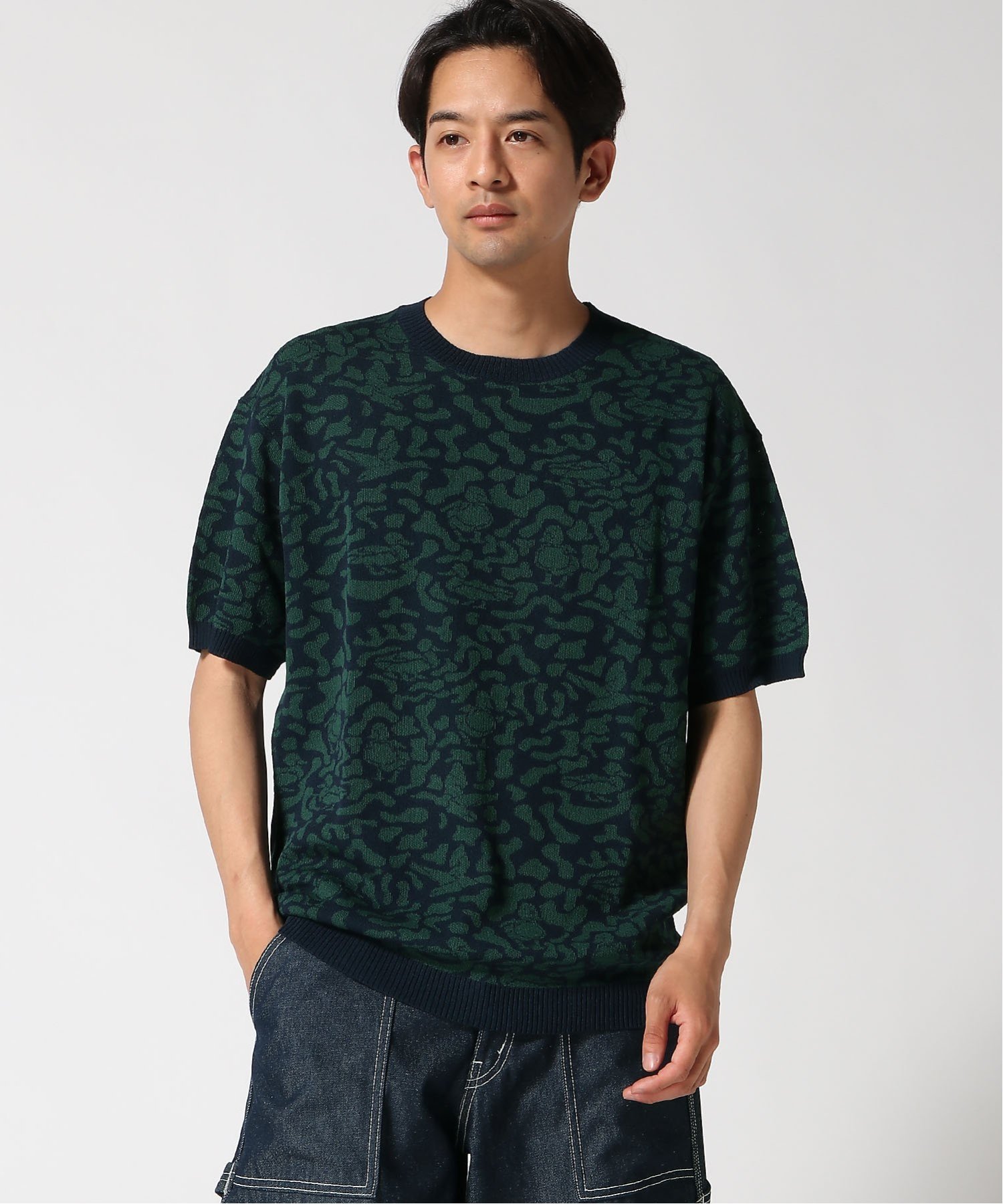 gym master gym master/(U)ジャガードニットカモ柄Tee ジムマスター トップス ニット ホワイト ブラウン ブラック ネイビー【送料無料】