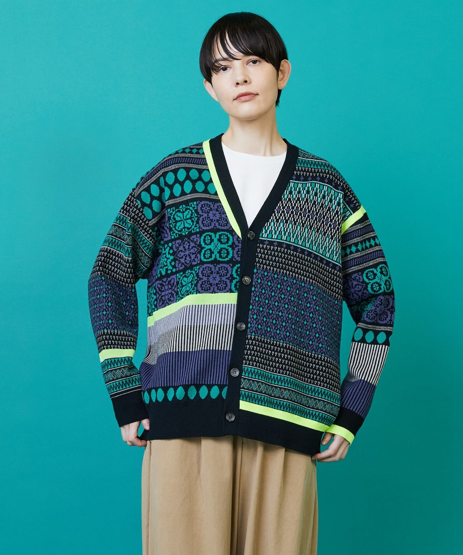 FRAPBOIS ミックスクロア カーディガン フラボア トップス カーディガン ベージュ ブラック【送料無料】のサムネイル