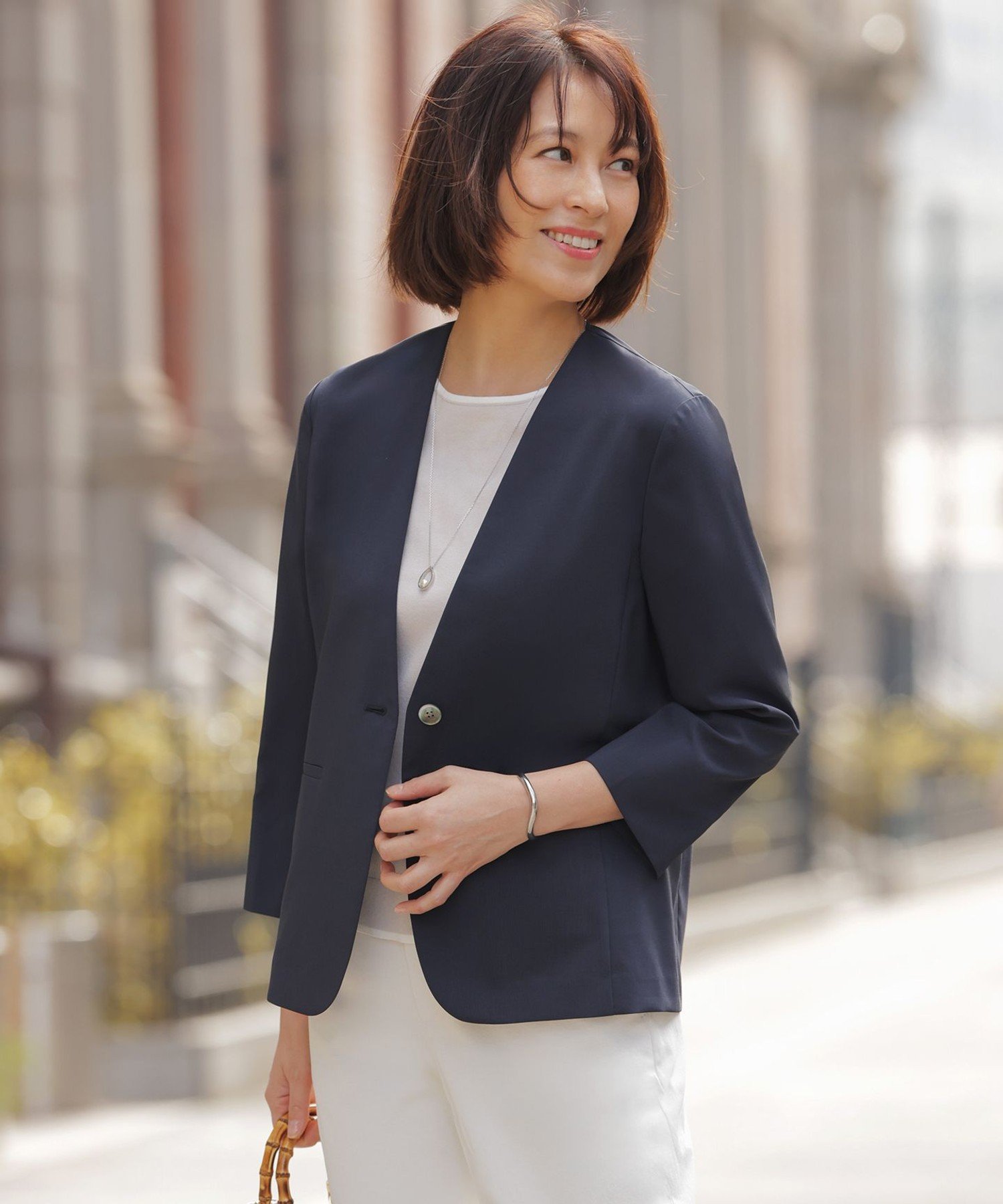J.PRESS LADIES L 【セットアップ対応】ファンマートロストレッチ ノーカラー ジャケット ジェイプレス ジャケット・アウター ノーカラージャケット グレー ネイビー