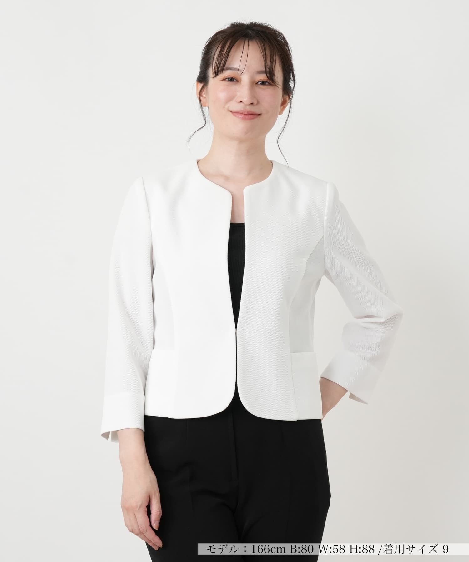 Leilian ノーカラージャケット【Leilian WHITE LABEL】 レリアン ジャケット・アウター テーラードジャケット・ブレザー ネイビー ホワイト
