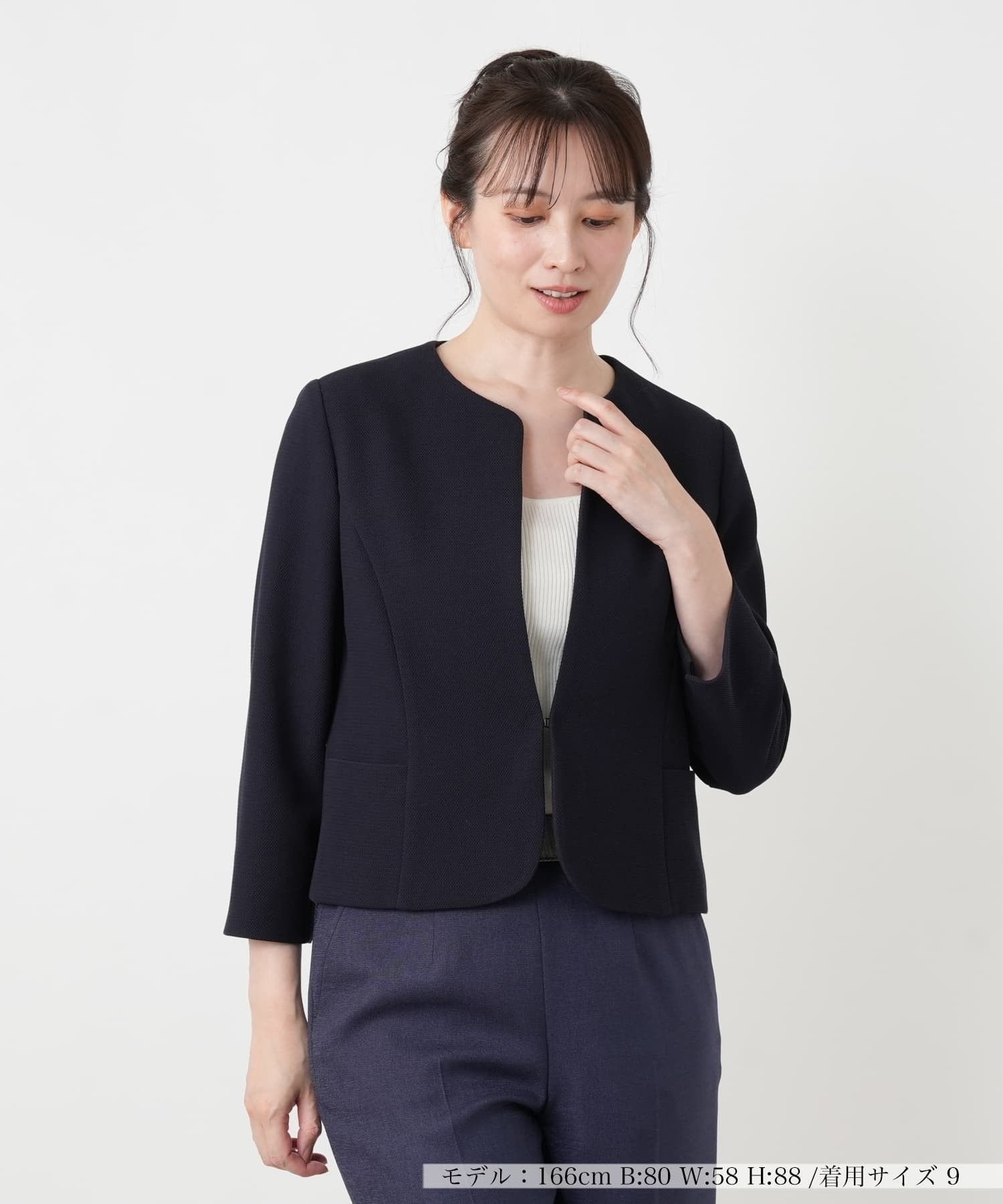 Leilian ノーカラージャケット【Leilian WHITE LABEL】 レリアン ジャケット・アウター テーラードジャケット・ブレザー ネイビー ホワイト