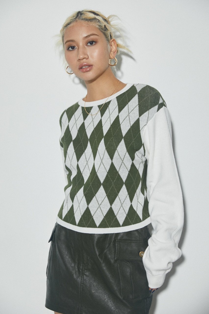 【SALE／50%OFF】LAGUA GEM ARGYLE CROPPED KNIT ラグア ジェム トップス ニット ホワイト ブラック ブラウン