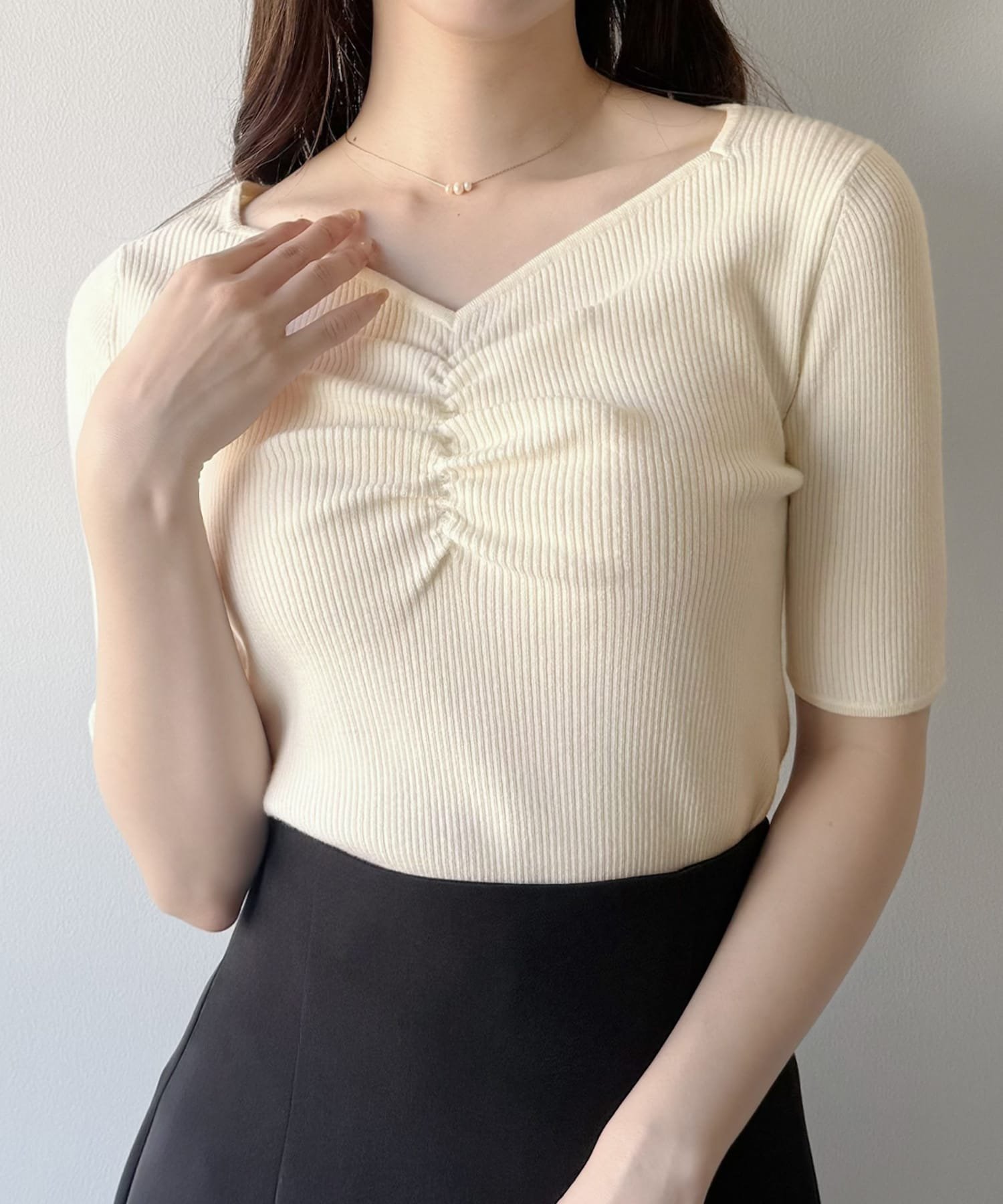 JUNOAH mipiarl フロントギャザー半袖リブニット ジュノア トップス ニット ブラック ホワイト グレー