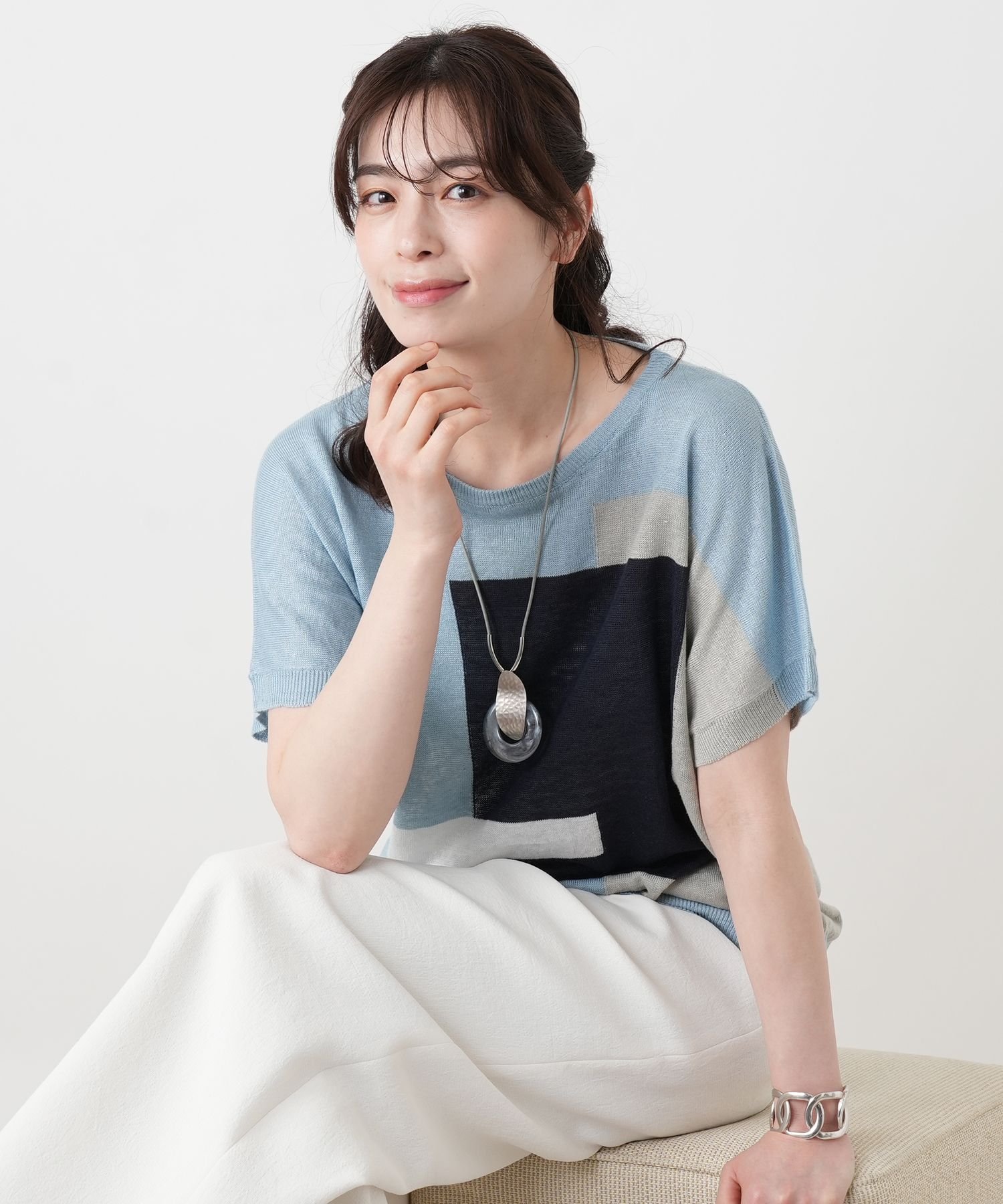 Crew Neck - Leilian ブロック柄クルーネックニット【HAND】 レリアン トップス ニット グリーン【送料無料】