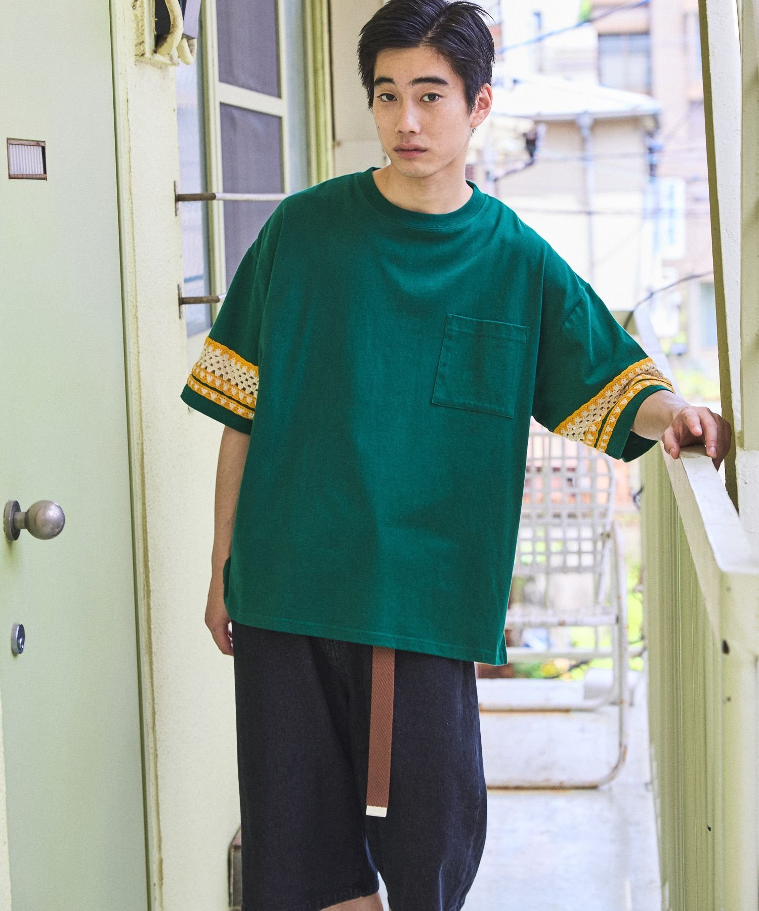 【SALE／50%OFF】niko and ... クロシェ切り替えTシャツ ニコアンド トップス カットソー・Tシャツ グレー グリーン ブルー ホワイトのサムネイル