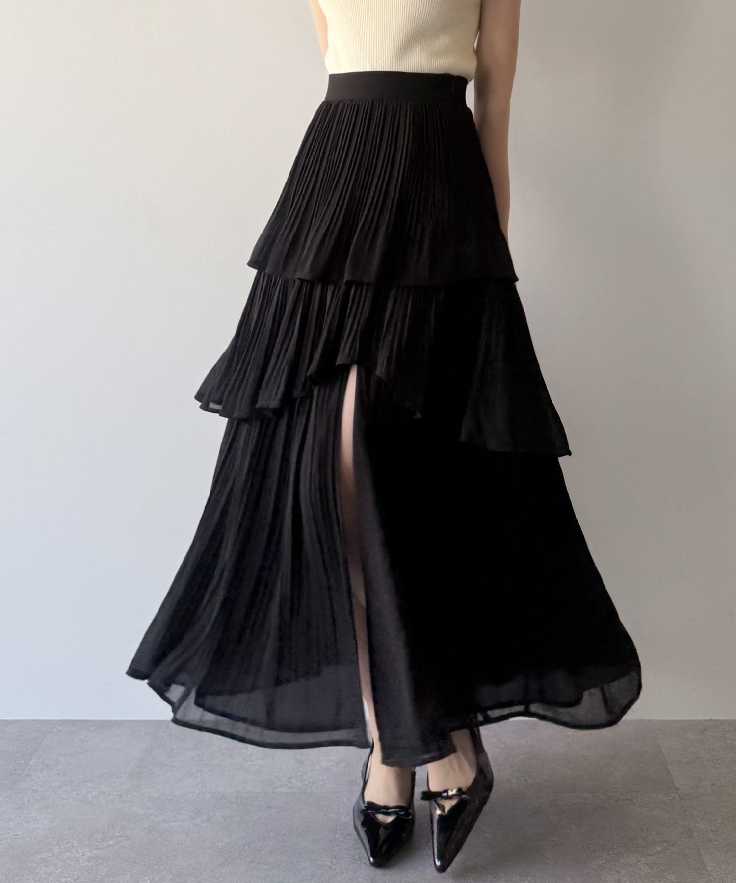 【SALE／20%OFF】JUNOAH mipiarl スリットプリーツティアードパンツスカート ジュノア スカート ロング・マキシスカート グレー ブラック ホワイト【送料無料】