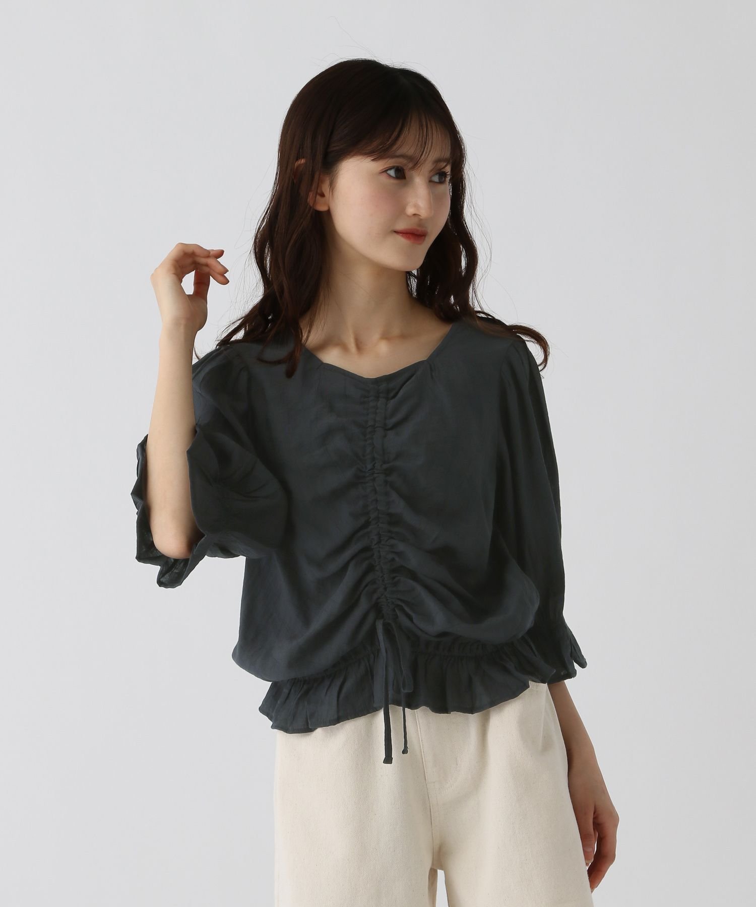 【SALE／40%OFF】GLOBAL WORK ギャザーブラウス/AND YUA ANY/291952 グローバルワーク トップス シャツ・ブラウス ホワイト グレーのサムネイル