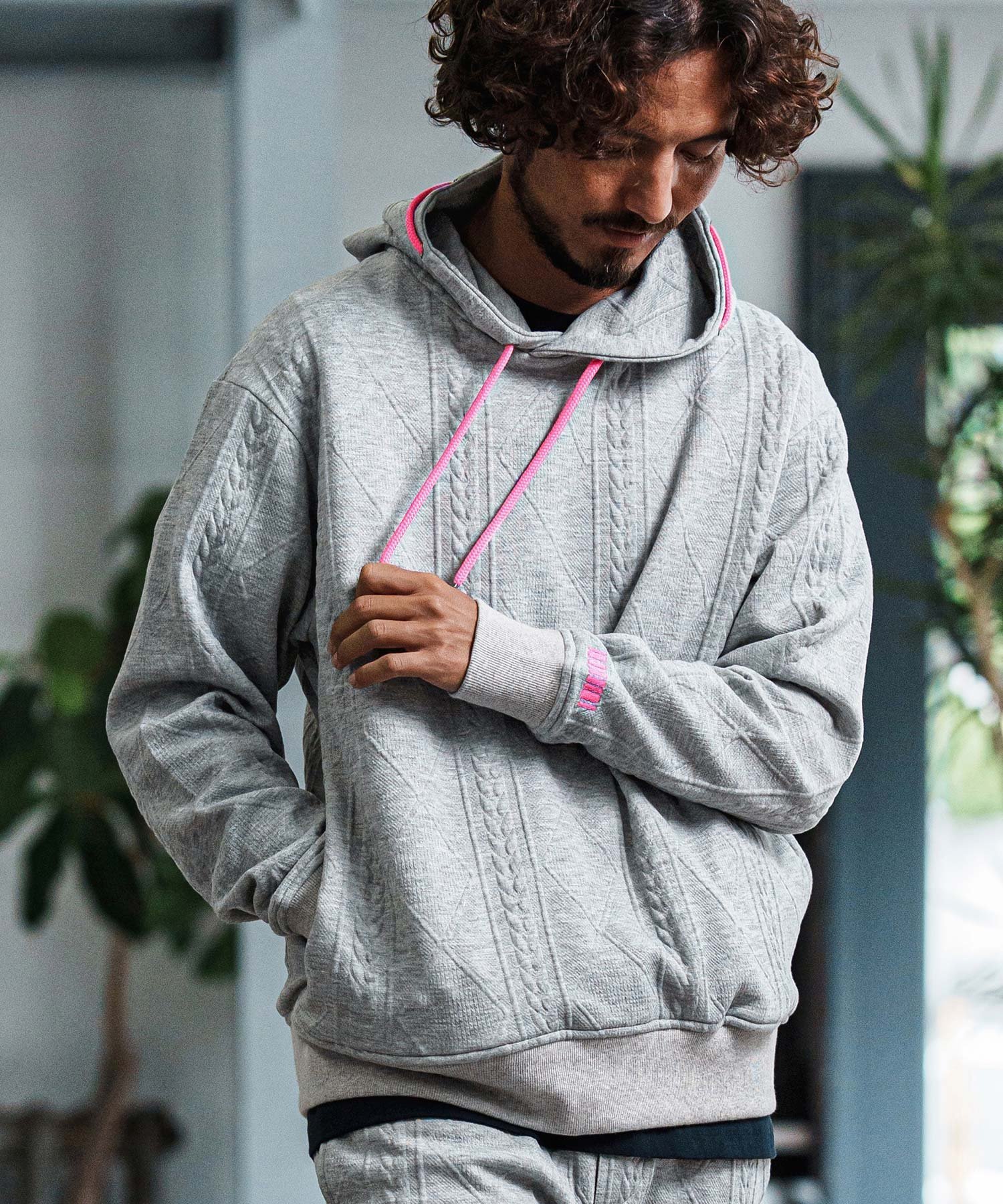 felkod mpa3926-Cable Knit Jersey Parka ニットジャージパーカー カンビオ トップス パーカー・フーディー グレー ブラック...