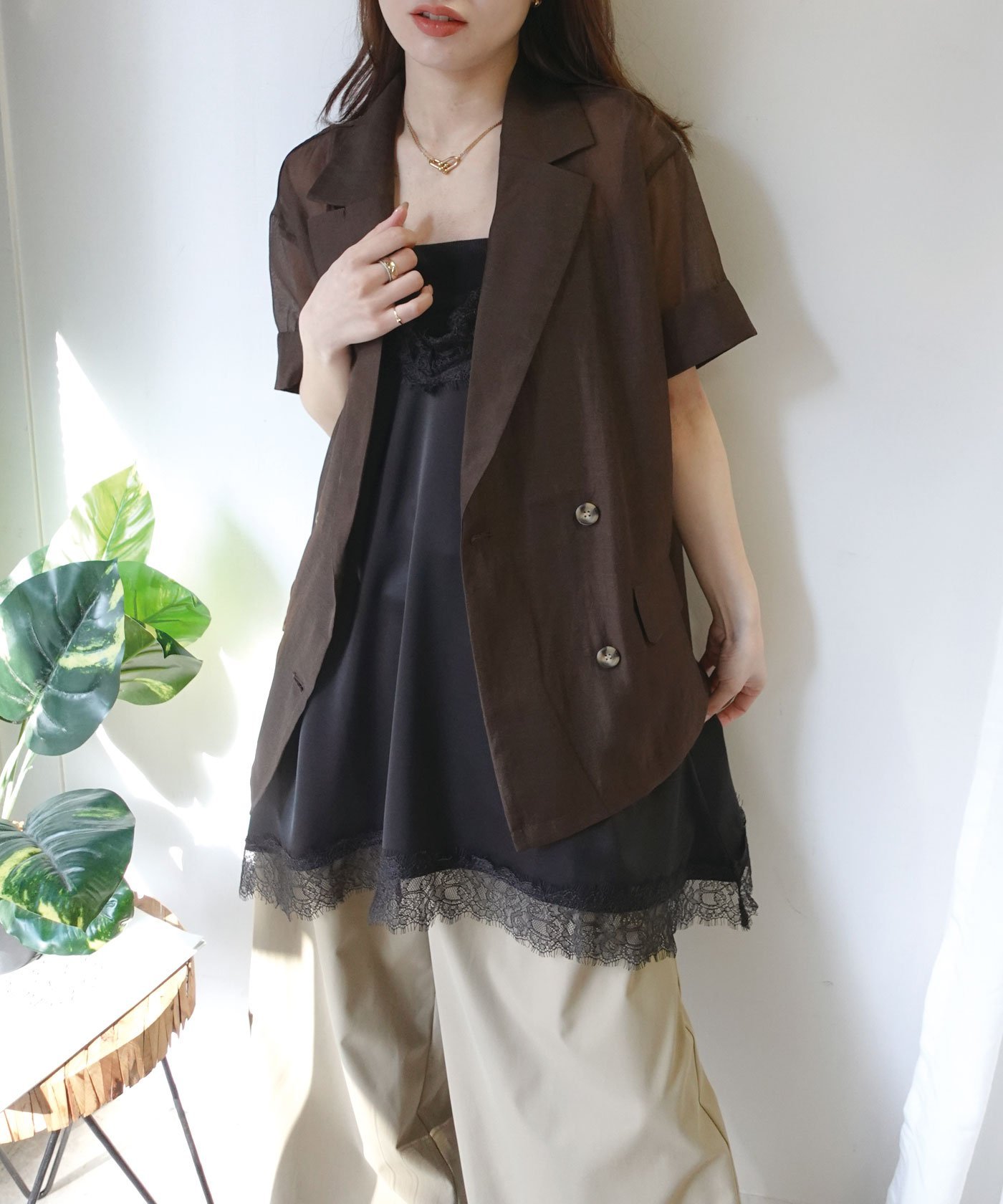 【SALE／10%OFF】CORNERS シアー半袖テーラードジャケット コーナーズ ジャケット・アウター テーラードジャケット・ブレザー グレー ベージュ ブラウン ブラック【送料無料】