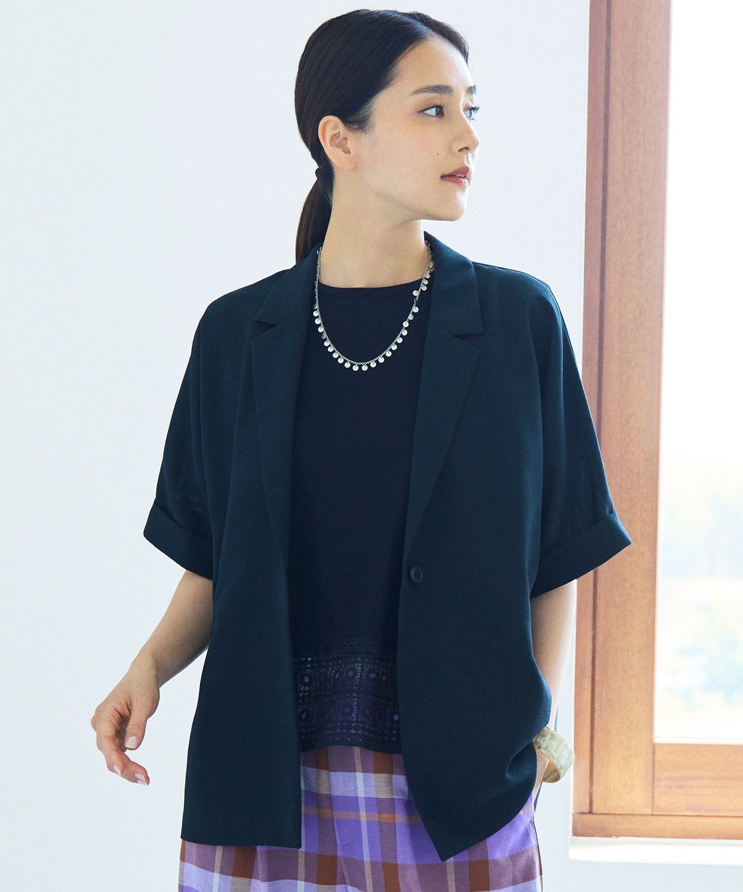 自由区 L 【カタログ掲載・人気素材・NEWアイテム】ラスティックメッシュハーフスリーブ ジャケット ジユウク ジャケット・アウター テーラードジャケット・ブレザー ブラック