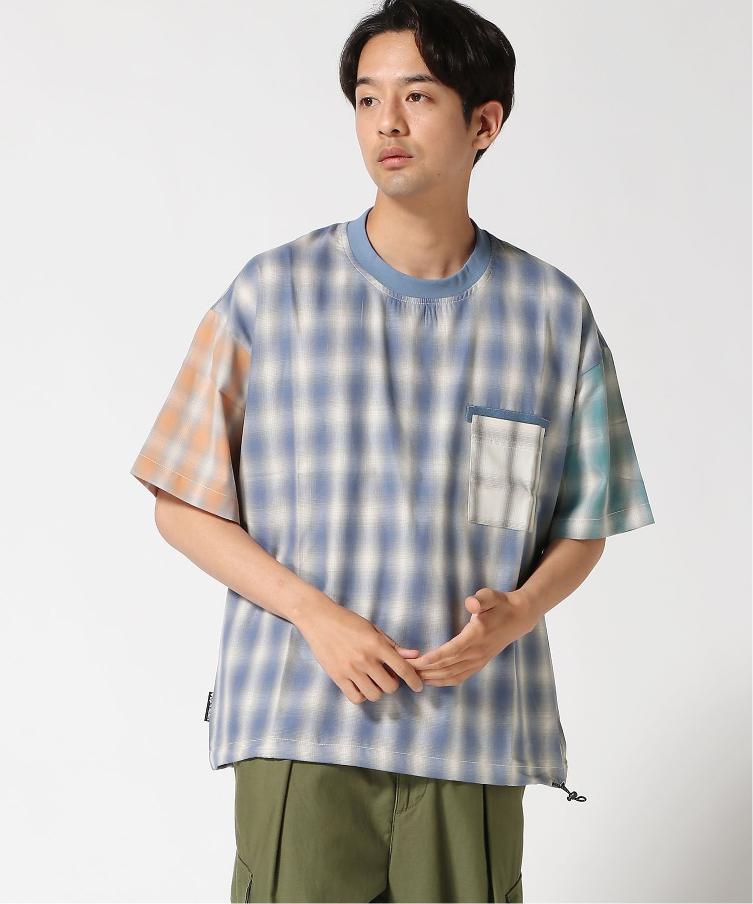 gym master gym master/(U)オンブレチェックビッグTee ジムマスター トップス カットソー・Tシャツ ブルー オレンジ ホワイト グリーン