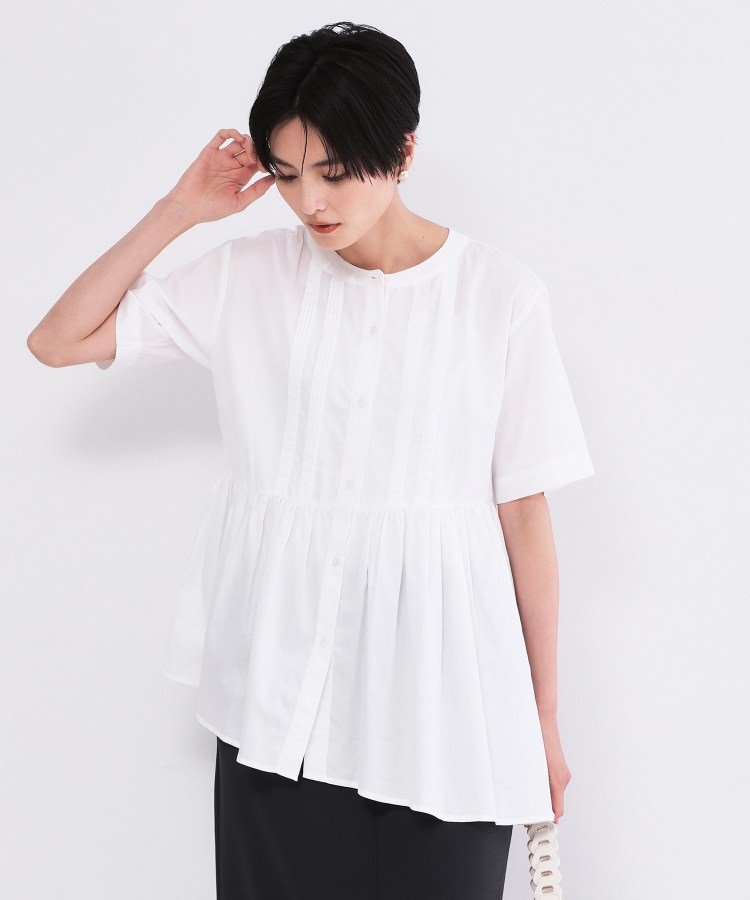 【SALE／30%OFF】OPAQUE.CLIP ピンタックアシメペプラムブラウス【洗濯機OK】 オペークドットクリップ トップス シャツ・ブラウス ピンク ホワイト ネイビー【送料無料】