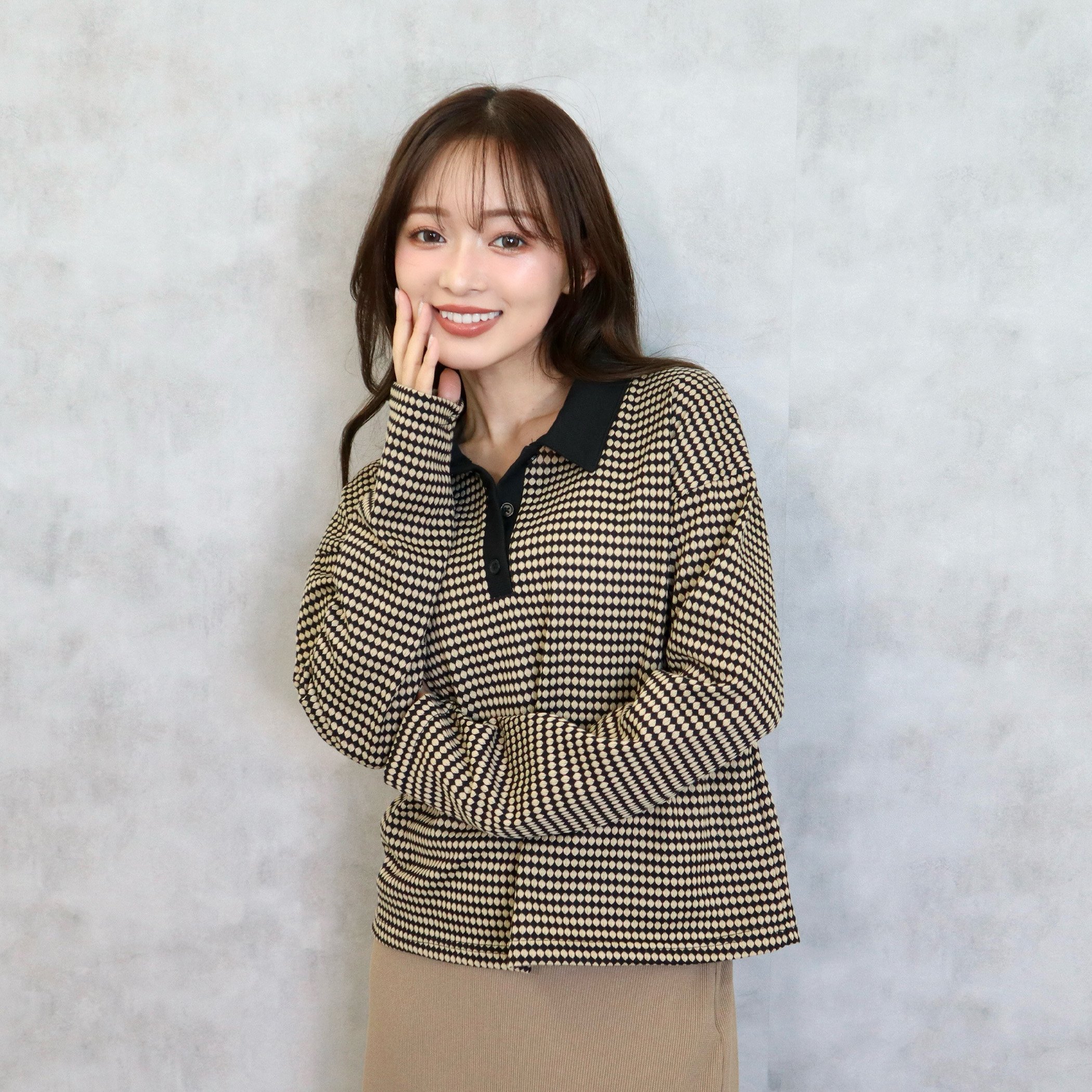 CECIL McBEE ハニカム柄カットジャガードポロ襟プルオーバー セシルマクビー トップス ニット ブラック