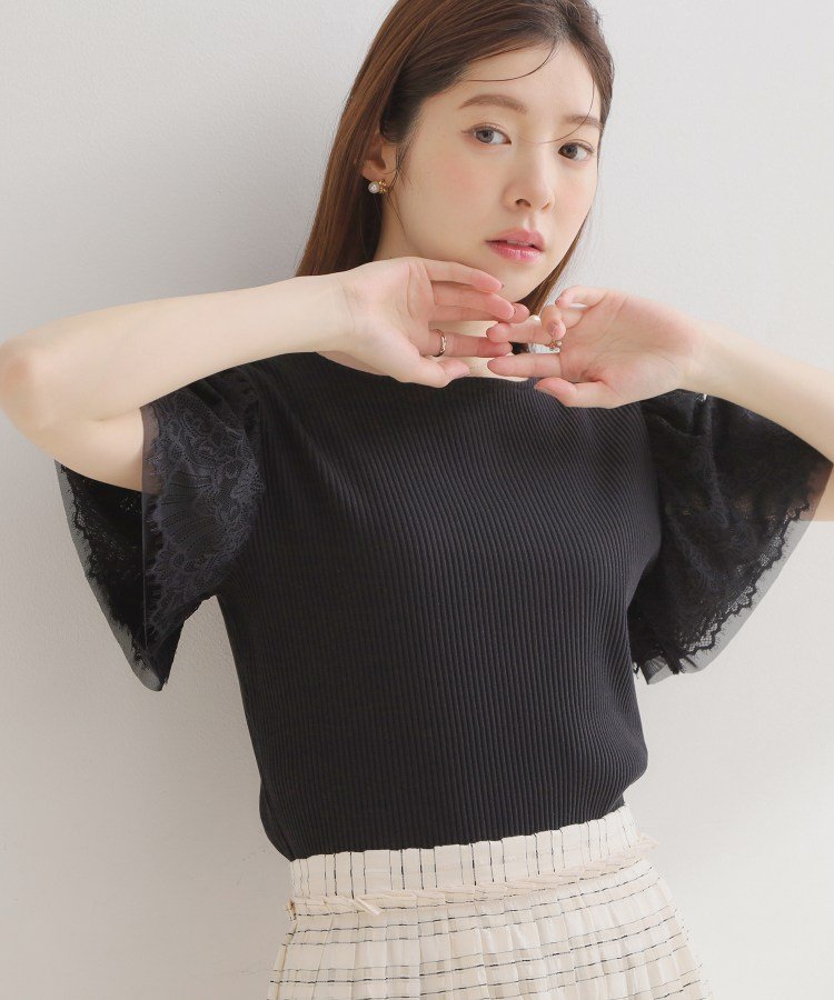 【SALE／5%OFF】Couture Brooch 【洗える】袖レース テレコトップス クチュールブローチ トップス カットソー・Tシャツ ピンク ホワイト ブラック