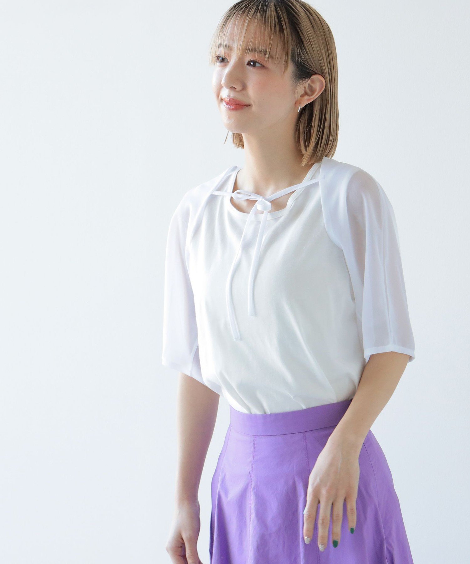 【SALE／70%OFF】Ray BEAMS Ray BEAMS / シアー ケープスリーブ Tシャツ ビームス アウトレット トップス カットソー・Tシャツ ブラック ホワイトのサムネイル