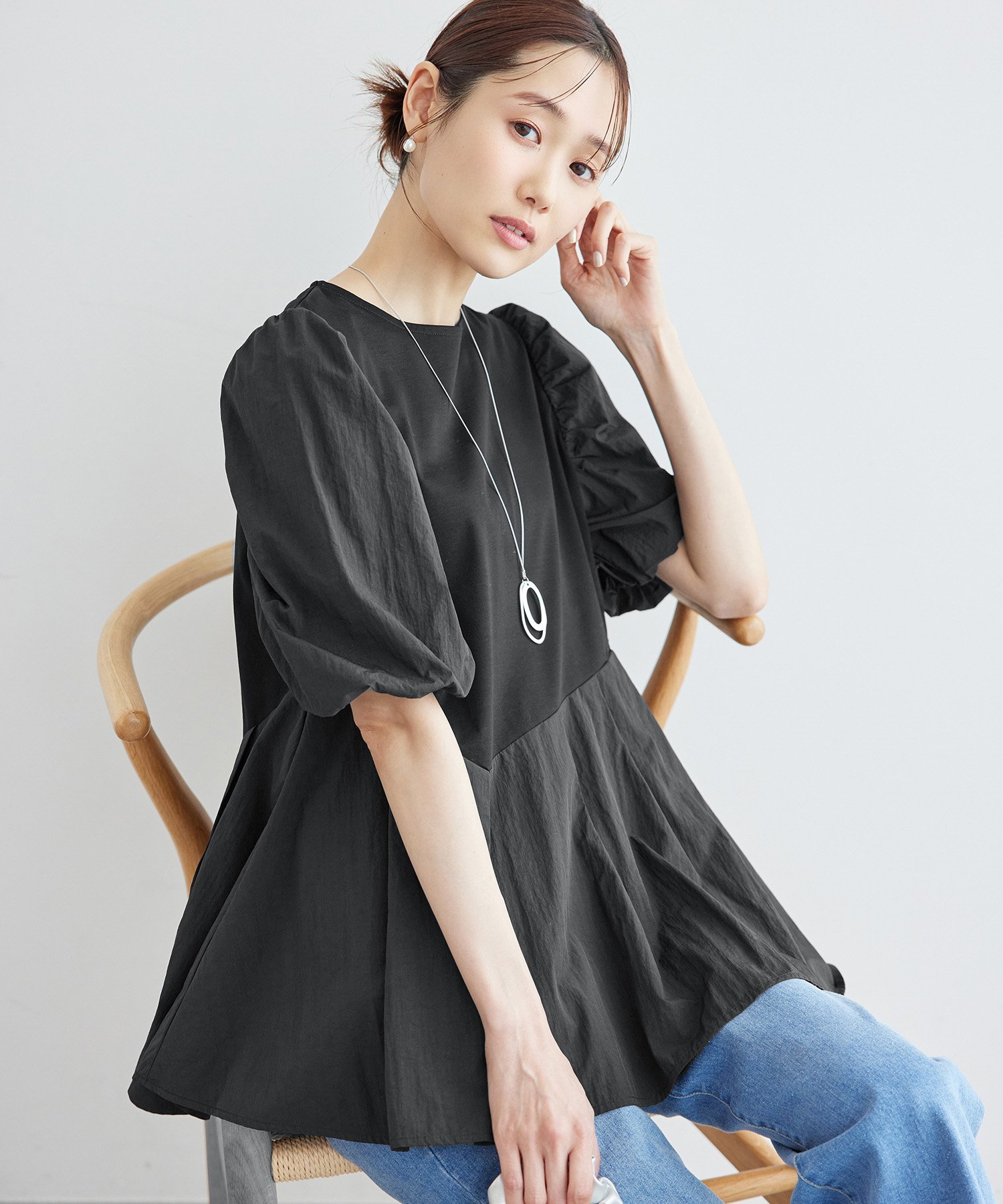 【SALE／20%OFF】ROPE' PICNIC 70シルケットペプラムトップス ロペピクニック トップス カットソー・Tシャツ ホワイト ブラック【送料無料】