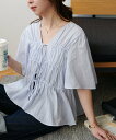 Discoat ドビーストライプ前リボンブラウス5分袖 ディスコート トップス シャツ・ブラウス ブルー グレー ホワイト ベージュ【送料無料】