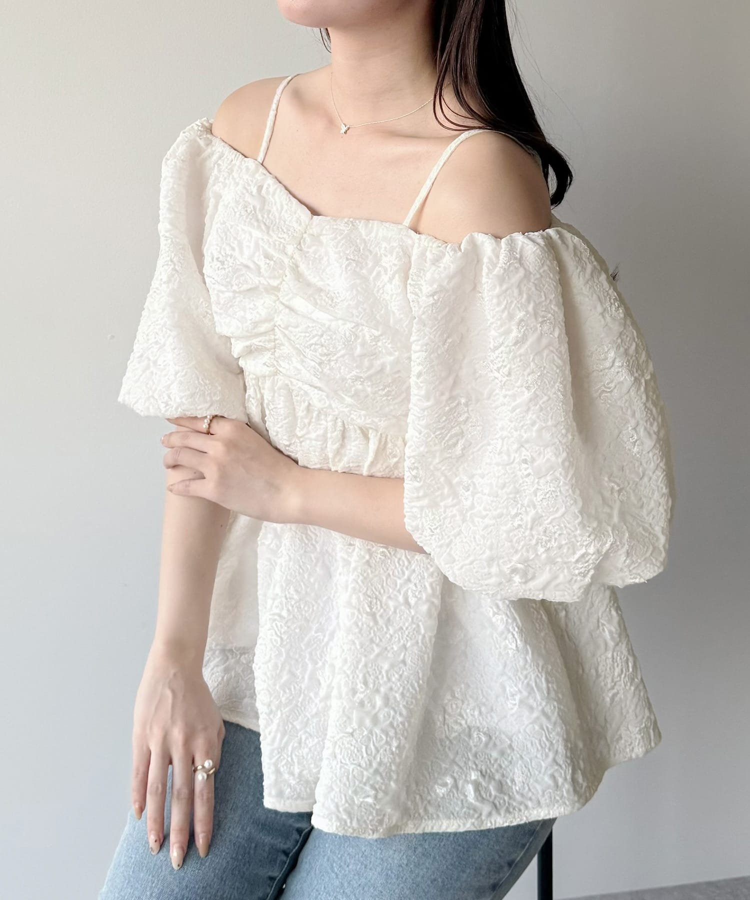 JUNOAH mipiarl 2wayボリュームスリーブべプラムトップス ジュノア トップス シャツ・ブラウス ホワイト ピンク グリーン ブラック ブルー