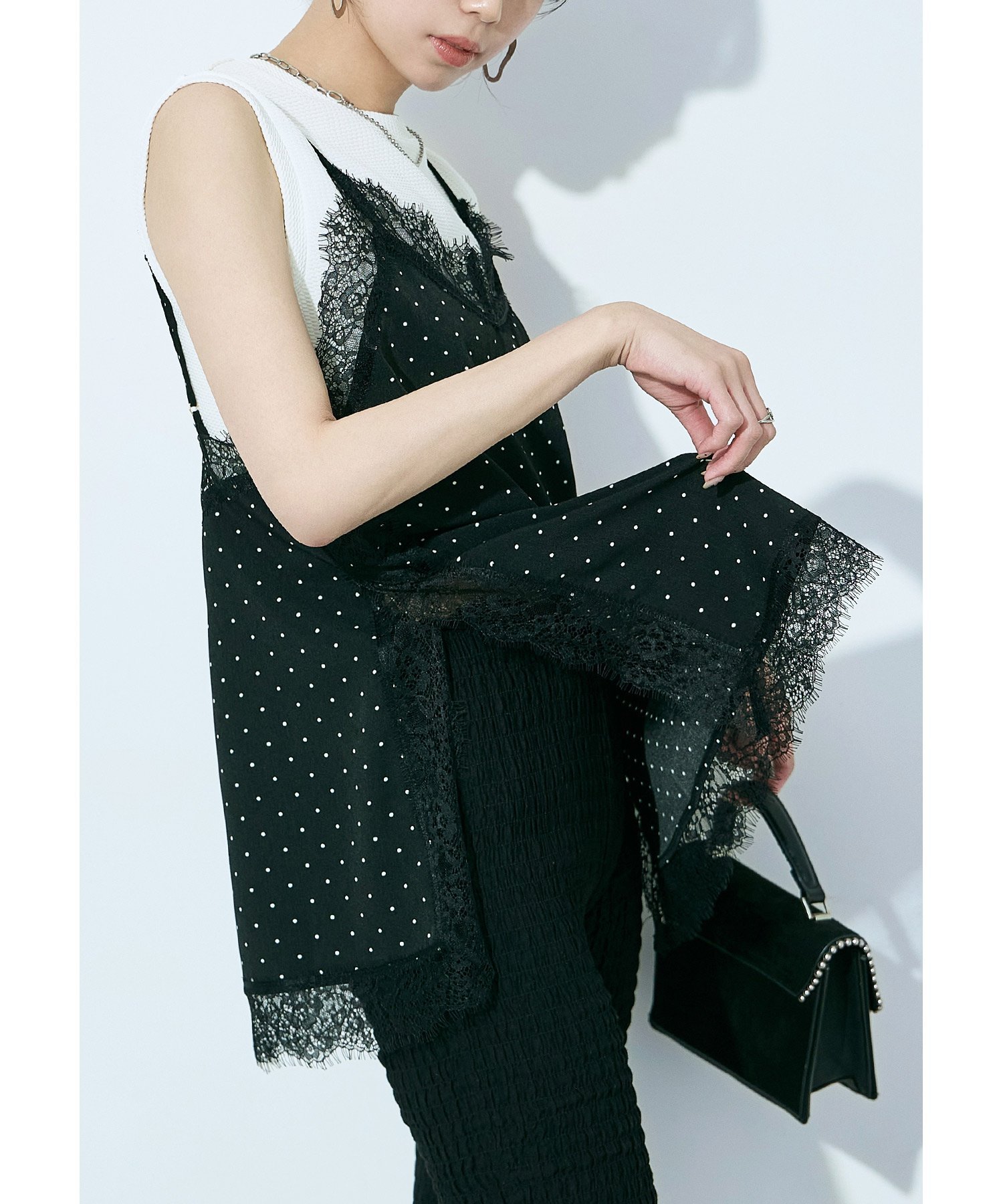 FashionLetter ジョーゼットドット*レース ランジェリーキャミ ビーフラット ワンピース・ドレス ワンピース ベージュ ブラック【送料無料】