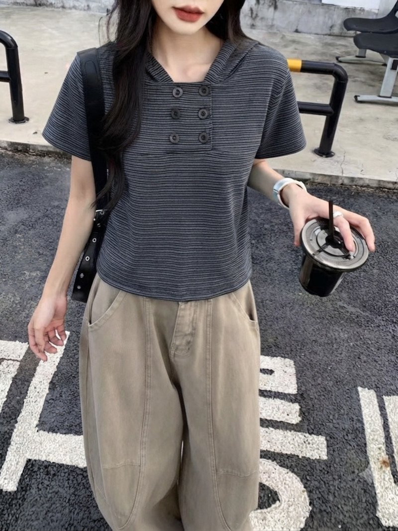LADY LIKE ダブルボタンフード付きボーダー半袖トップス ディアベル トップス カットソー・Tシャツ ピンク