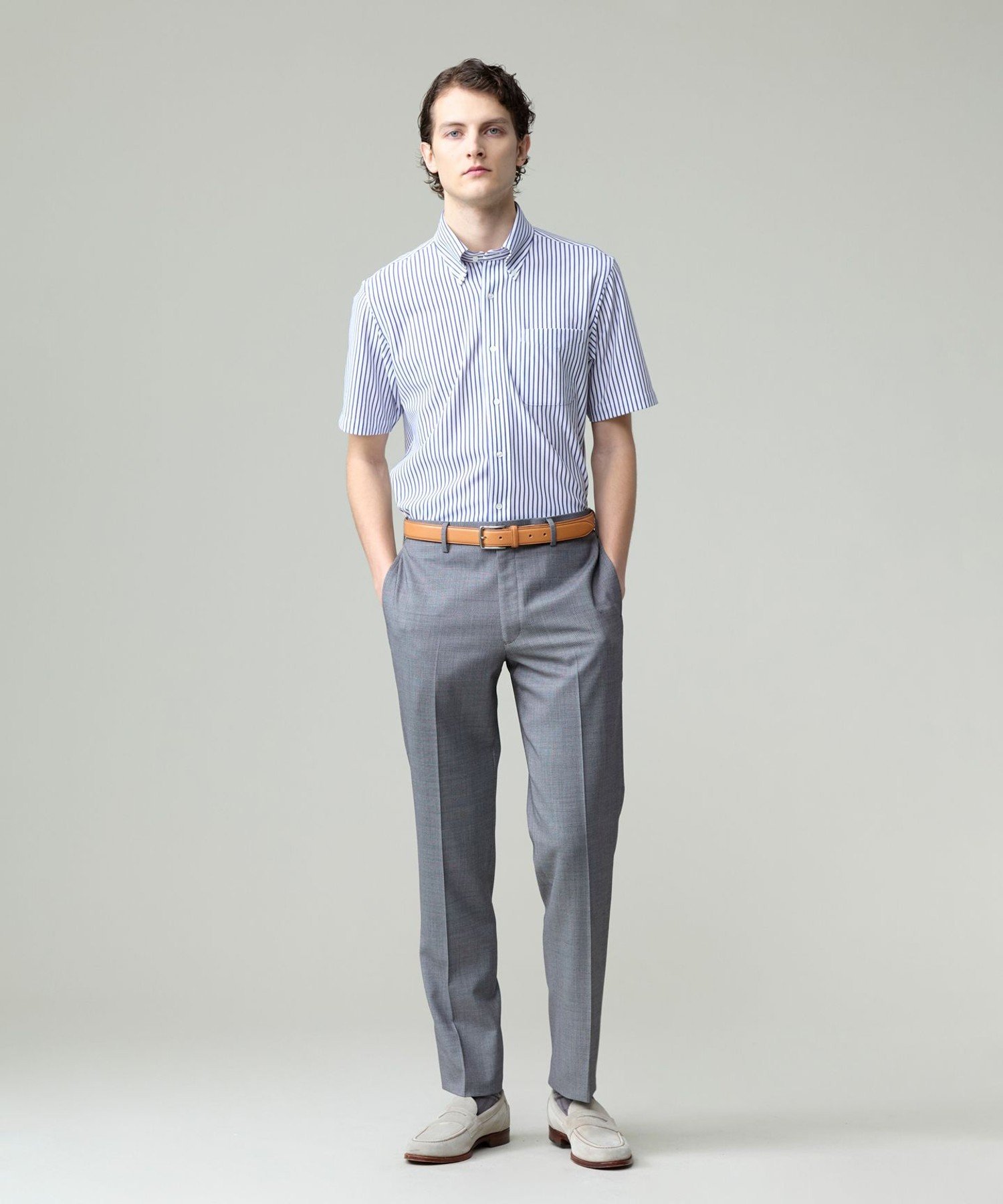 J.PRESS 酷暑の清潔感もこれ一枚で【吸水速乾 / 抗菌防臭 / 防シワ】【J.PRESS OXFORD JERSEY】カノコインレイストライプ 半袖シャツ / B.D. ジェイプレス トップス シャツ・ブラウス ブルー