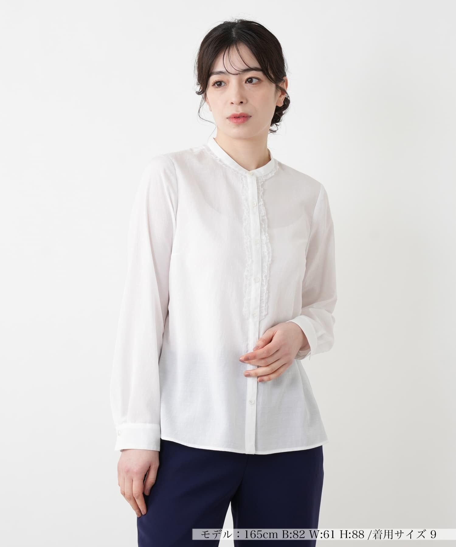 Leilian フリルバンドカラーブラウス レリアン トップス シャツ・ブラウス ブラック ホワイト