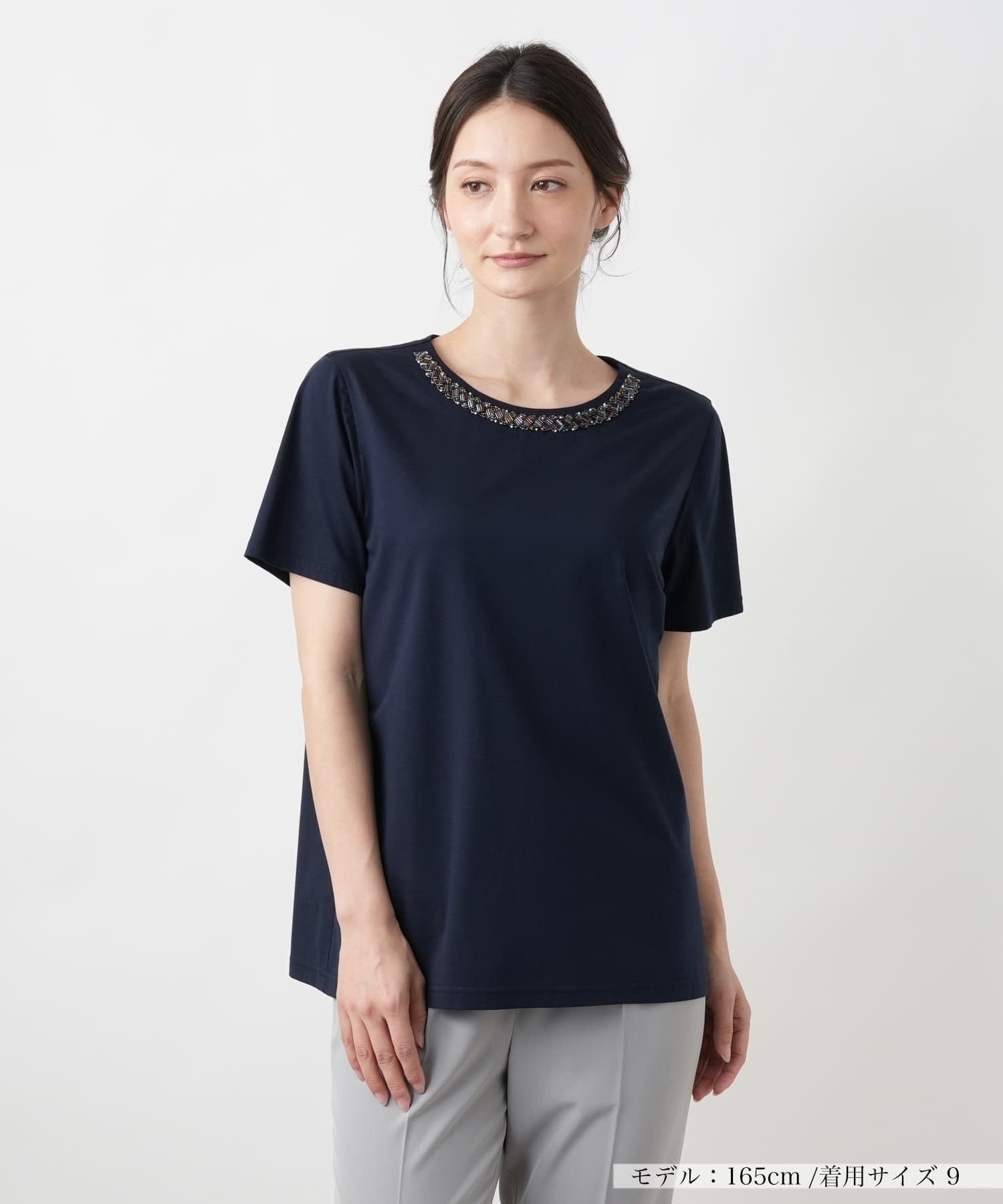 Leilian ビジューネックカットソー レリアン トップス カットソー・Tシャツ ネイビー ベージュ